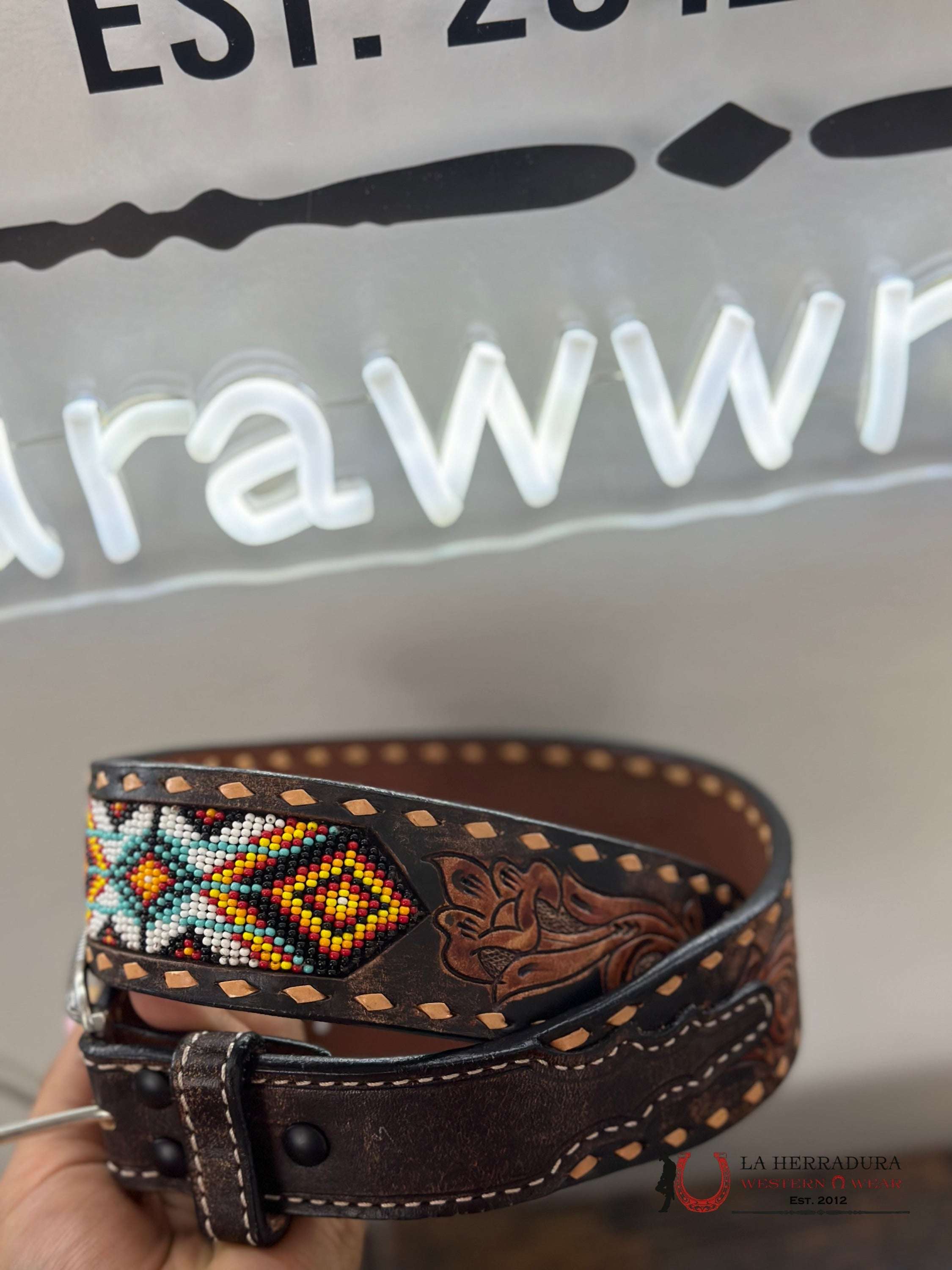 3D Brown Tooled Aztec Beaded Belt Cinturones Hombres