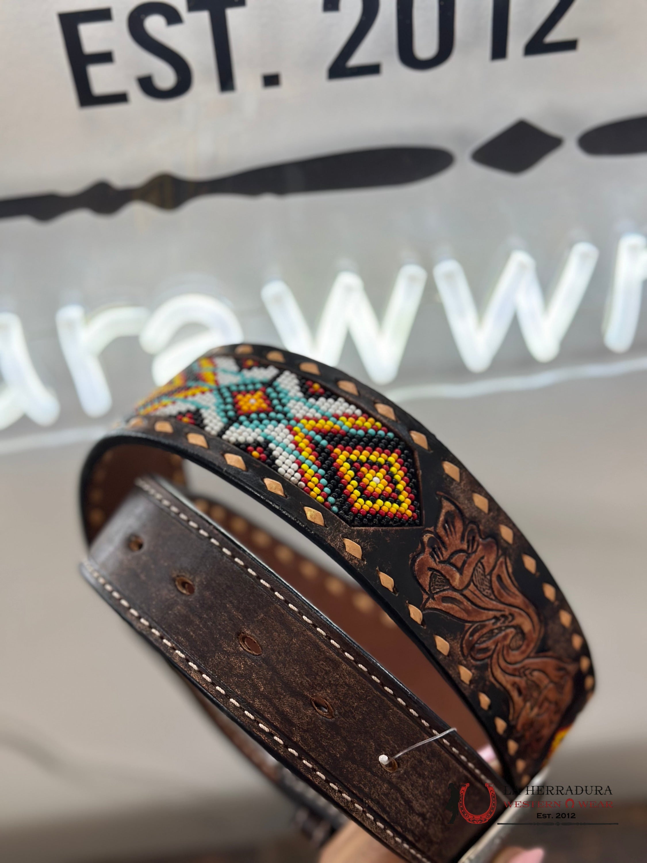 3D Brown Tooled Aztec Beaded Belt Cinturones Hombres