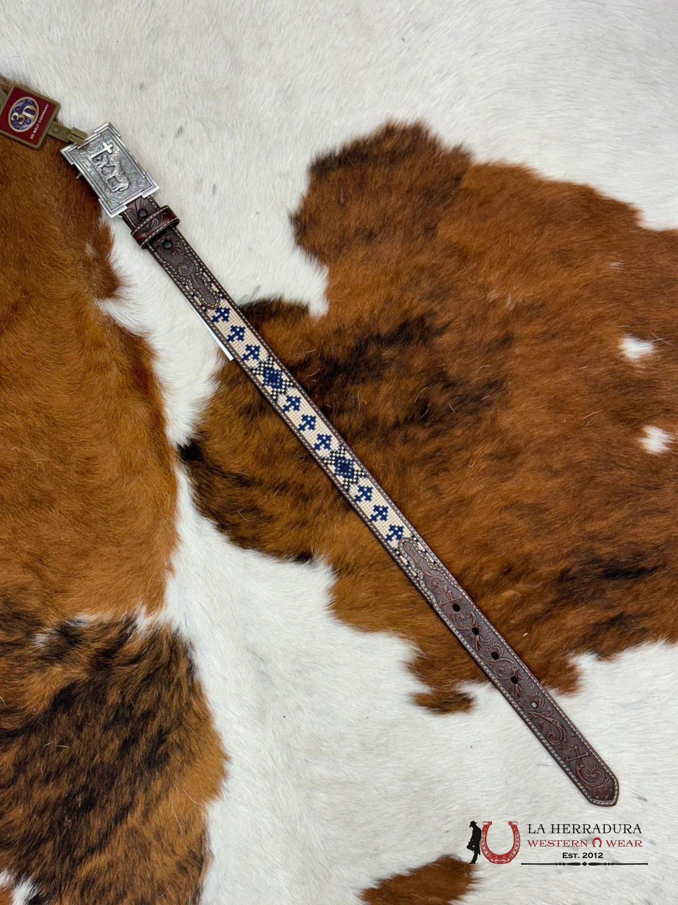 3D Dark Brown Navy Tan Stitch Rec Buckle Niños