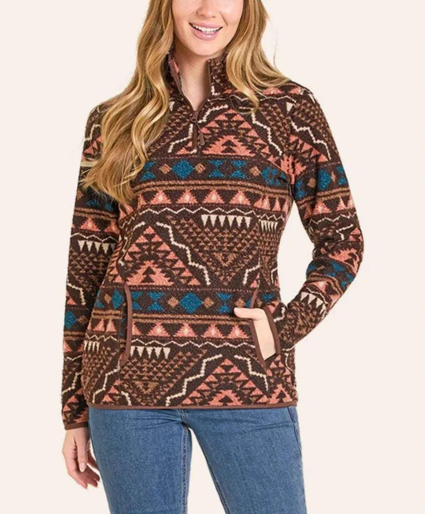 PANHANDLE WOMEN AZTEC BERBER CHOCOLATE PULLOVER DW91C06864 Laherradurawwnc.com