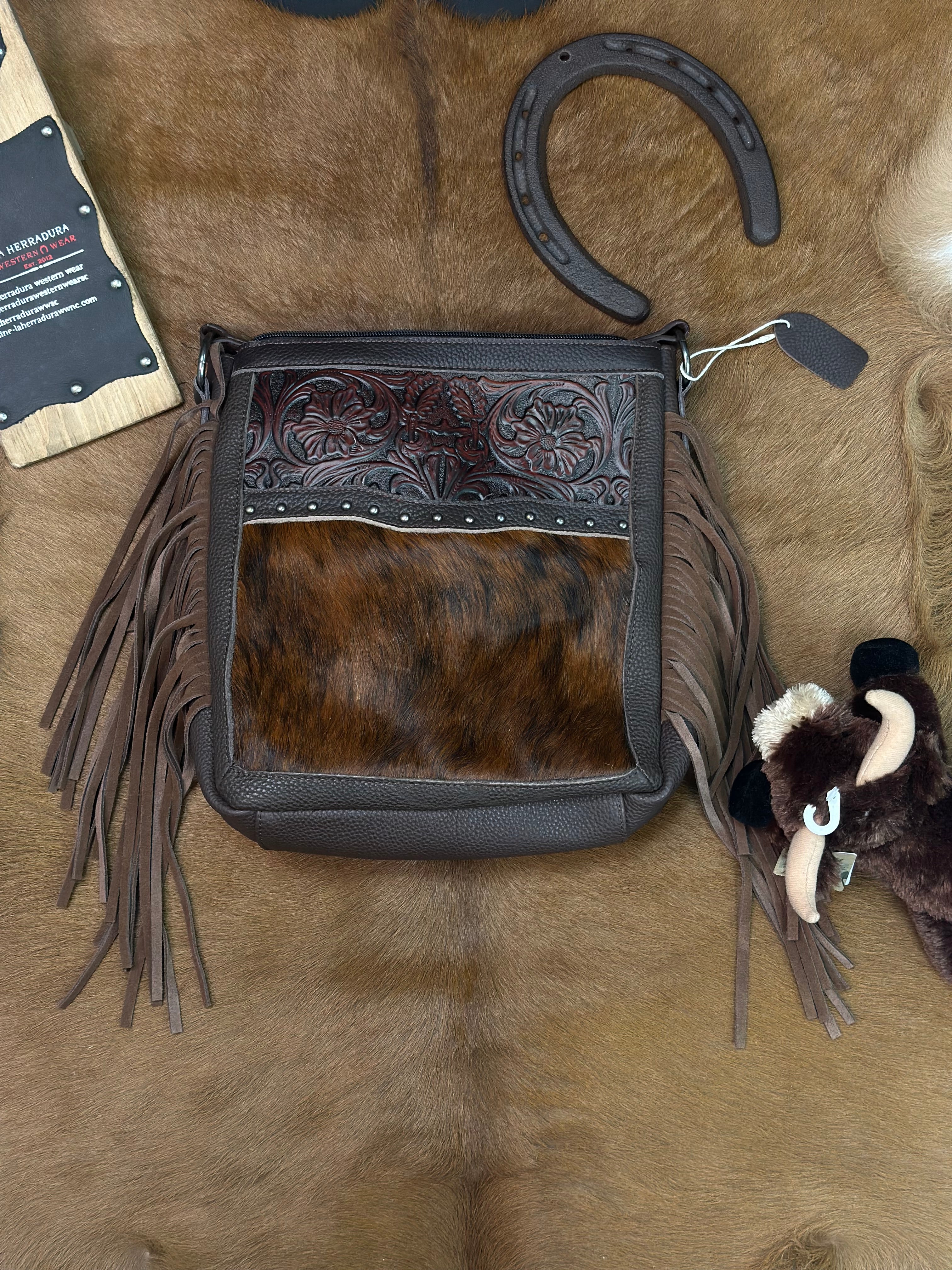 CROSSBODY BAG BROWN HAND TOOLED BLACK & WHITE COWHIDE FRINGE