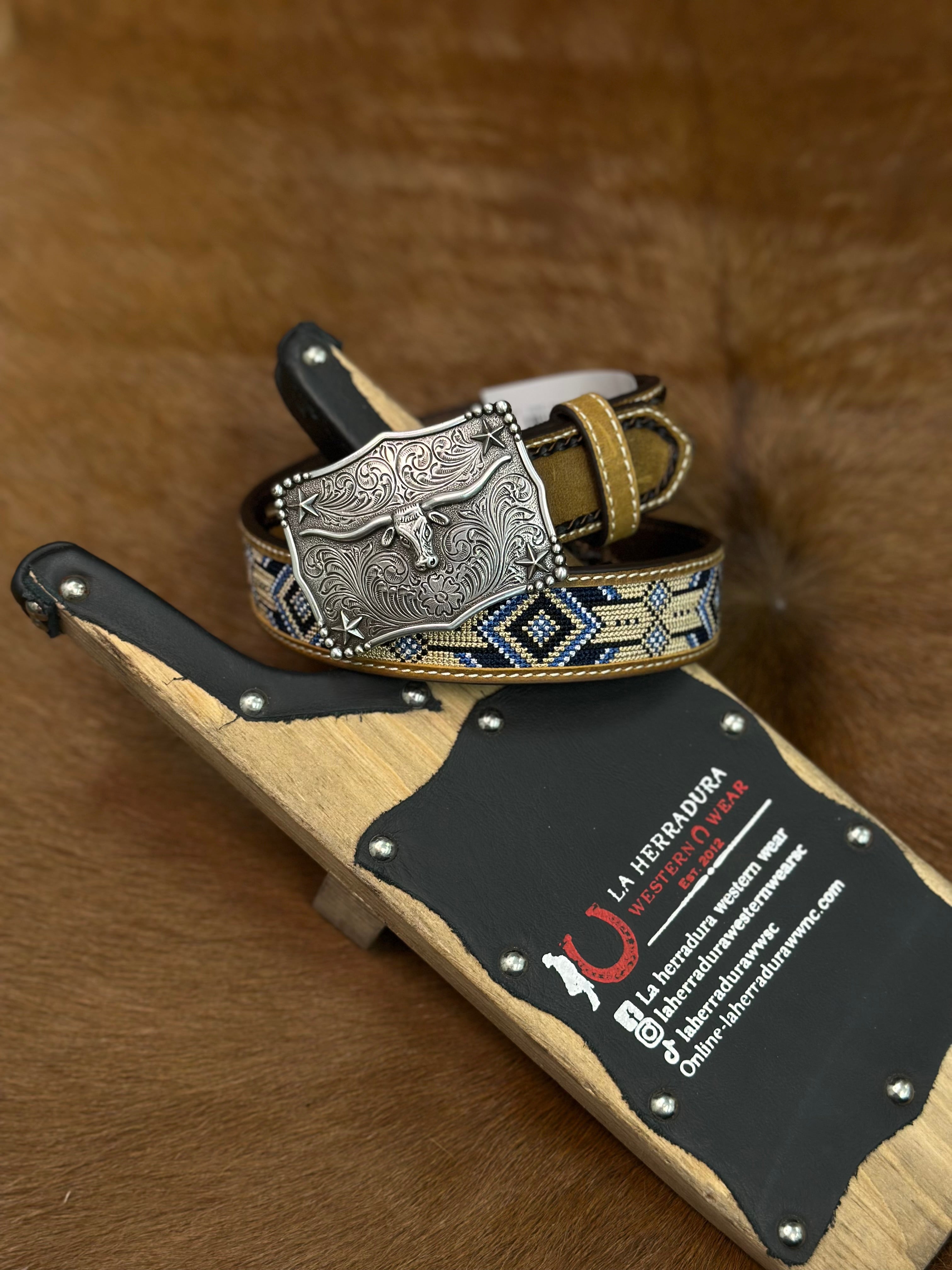 3D BELTS BOYS BROWN WITH BLUE AZTEC STITCHING- D120003002