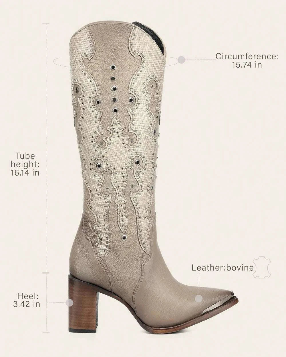 WOMEN’S CUADRA TALL BOOT RES BEIGE EMBROIDERY Y STUDS Y ZIPPER POINTED TOE CC280 Laherradurawwnc.com