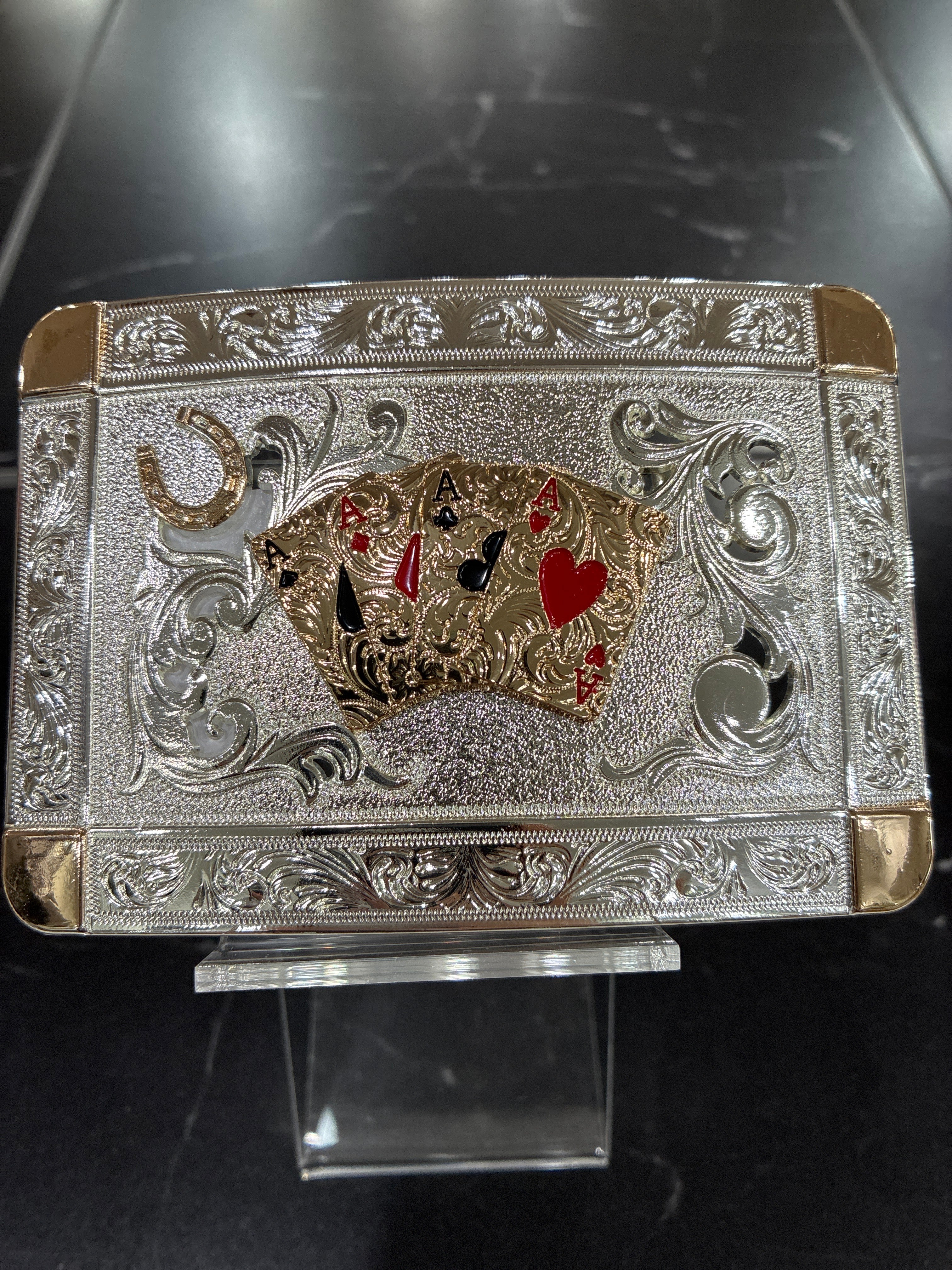 SILVER RECTANGLE BUCKLE W/ GOLD ACES & HORSE SHOE