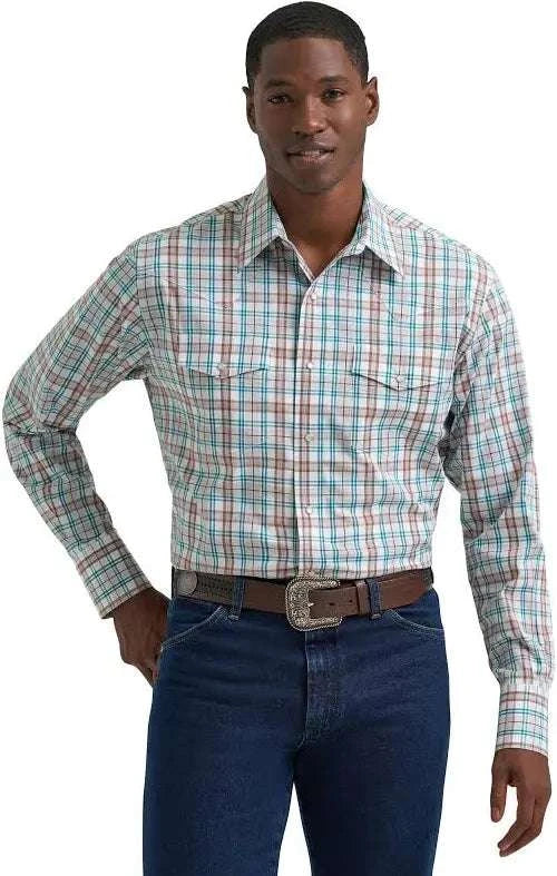 MEN WRANGLER GREEN/ BROWN STRIPED BUTTON UP SHIRT- 112379034 Laherradurawwnc.com