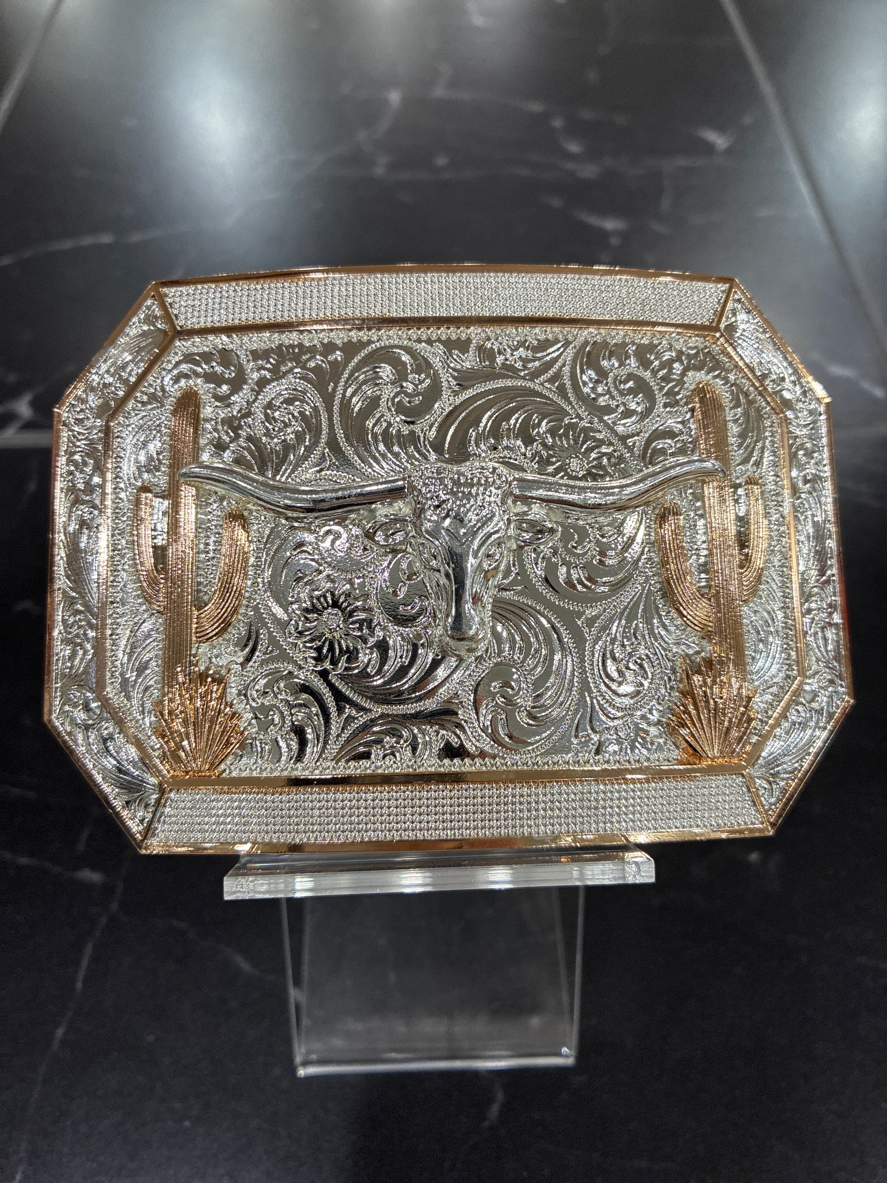 LONGHORN W/ CACTUS RECTANGLE BUCKLE