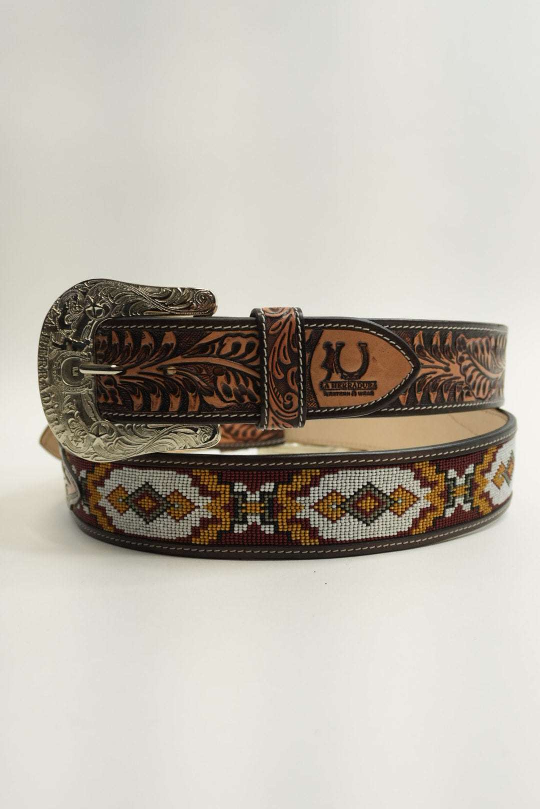 LA HERRADURA BELT 2 INCH TAN AZTEC BURGUNDY/MUSTARD YELLOW NEW DESIGN Laherradurawwnc.com