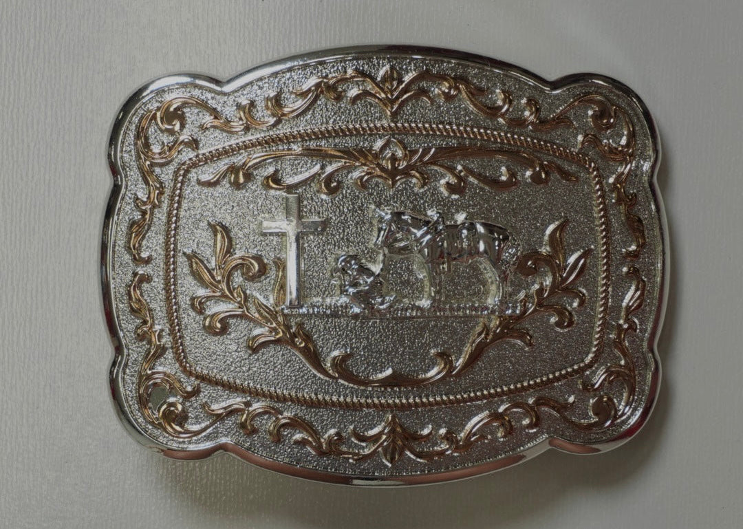 SILVER & GOLD PRAYING COWBOY ROUND BUCKLE