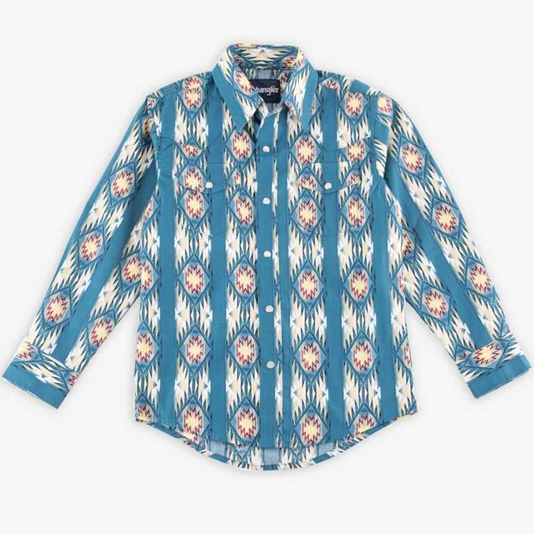 WRANGLER BOYS BOTTOM UP LING SLEEVE AZTEX YELLOW AND BLUE 112344416 Laherradurawwnc.com