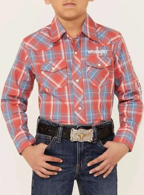 BOY'S WRANGLER LONG SLEEVE SHIRT RED 112344422 Laherradurawwnc.com