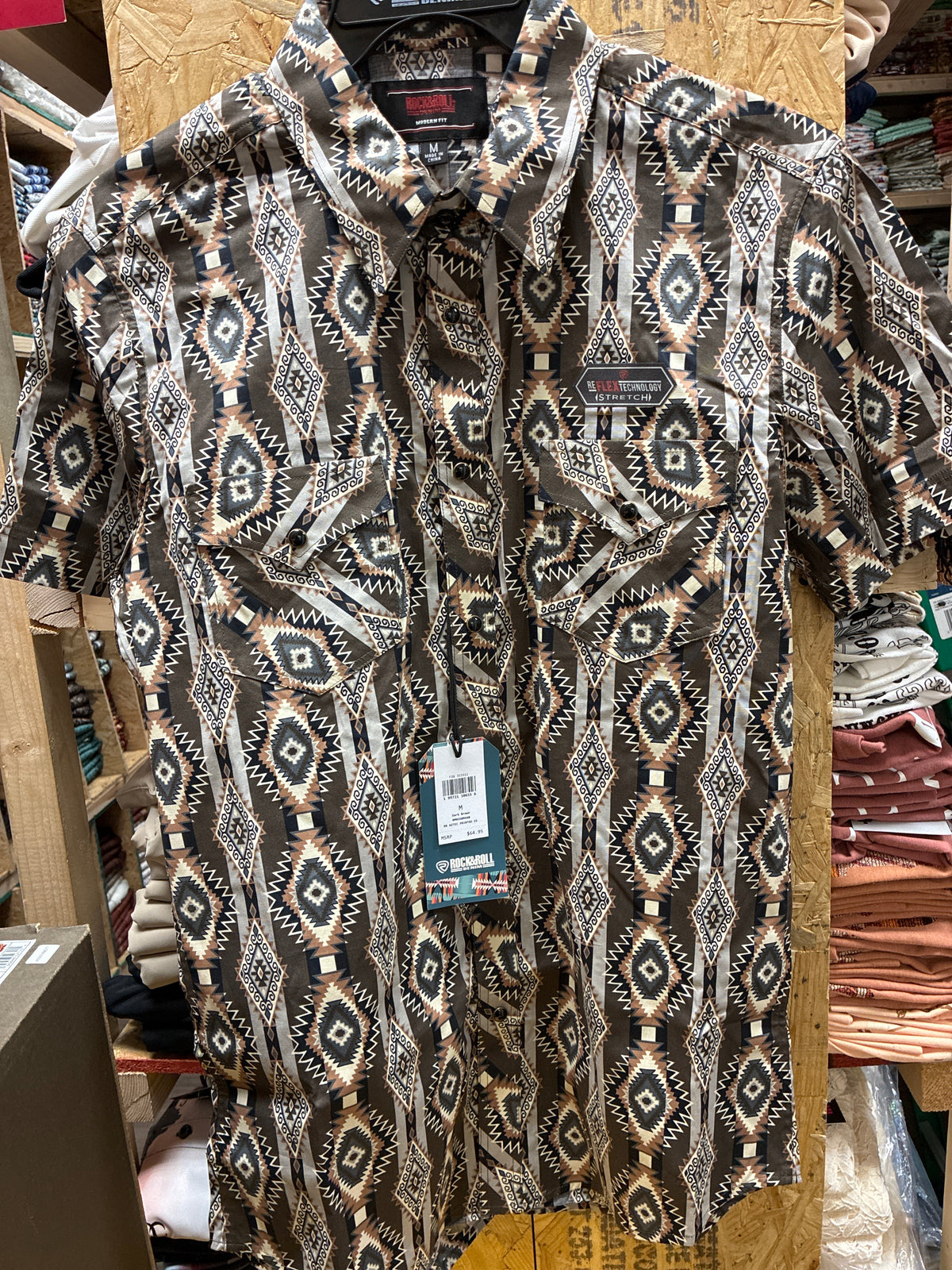 ROCK&ROLL DARK BROWN AZTEC PRINTED SS SNAP SHIRT - BMN3S09440