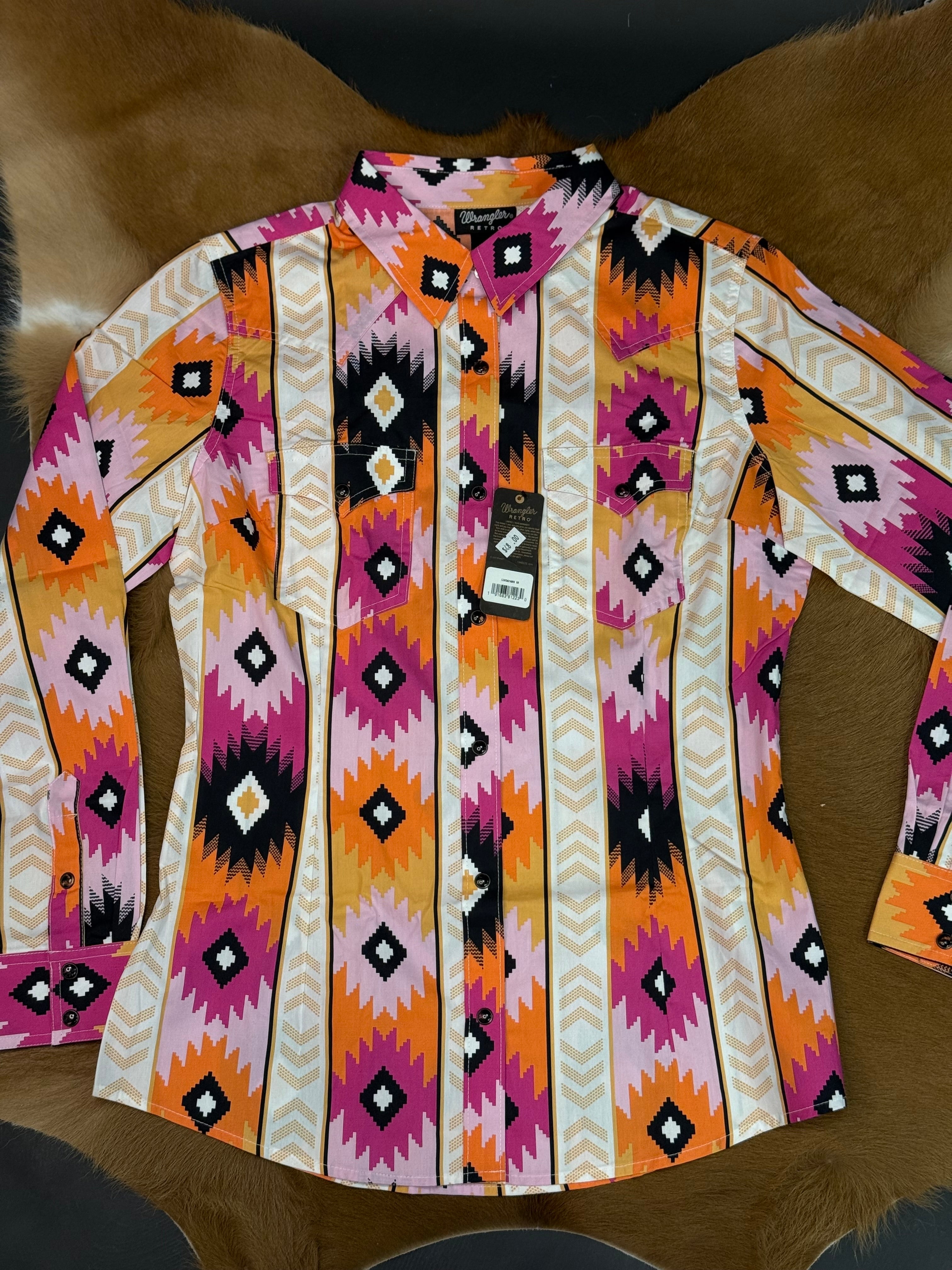 WRANGLER WOMEN AZTEC PINK ORANGE LONG SLEEVE SHIRT-191683812223