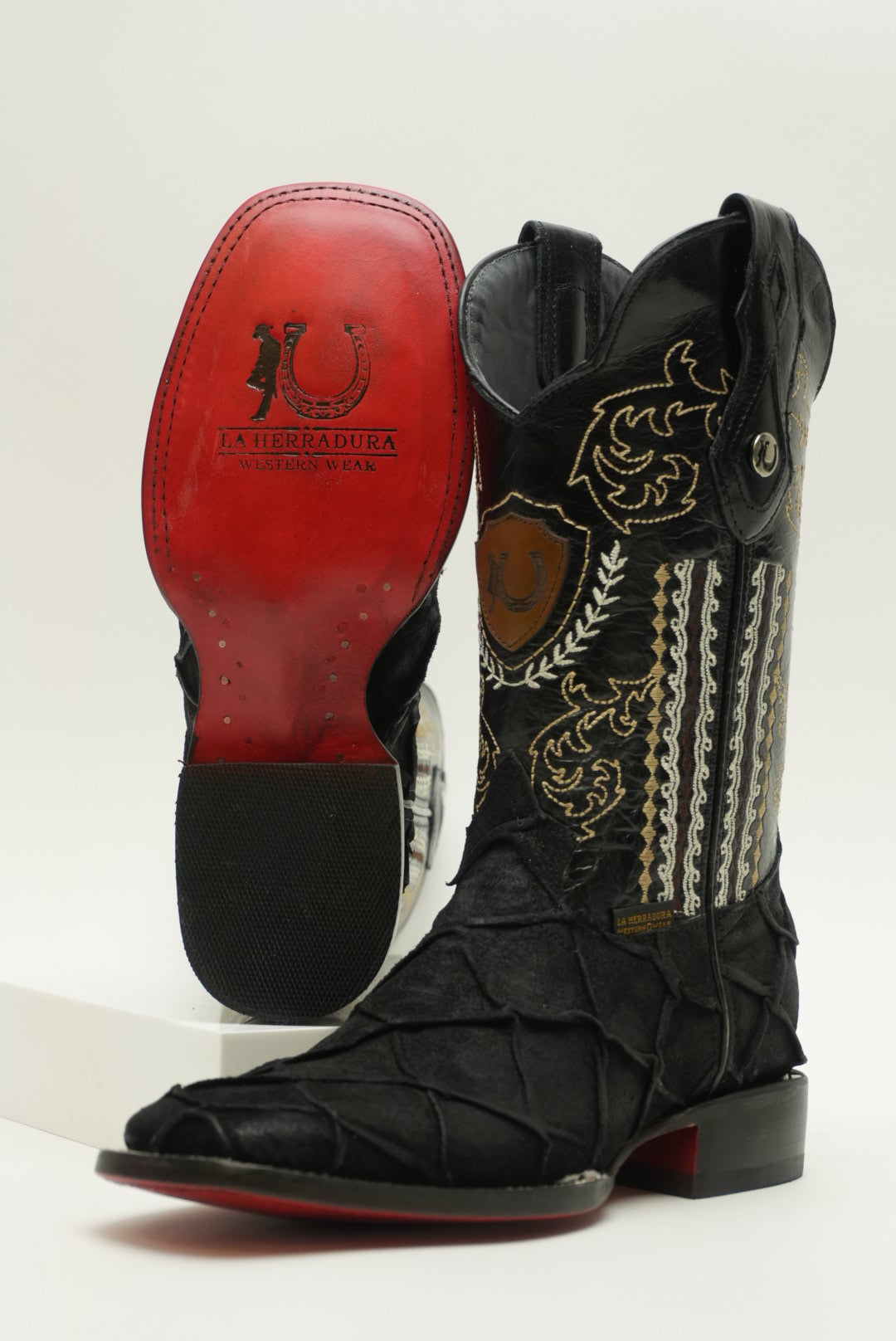 LA HERRADURA MENS DANIEL PIRARUCU DOBLILLADO GAM NEGRO RED BOTTOM SQUARE TOE BOOT