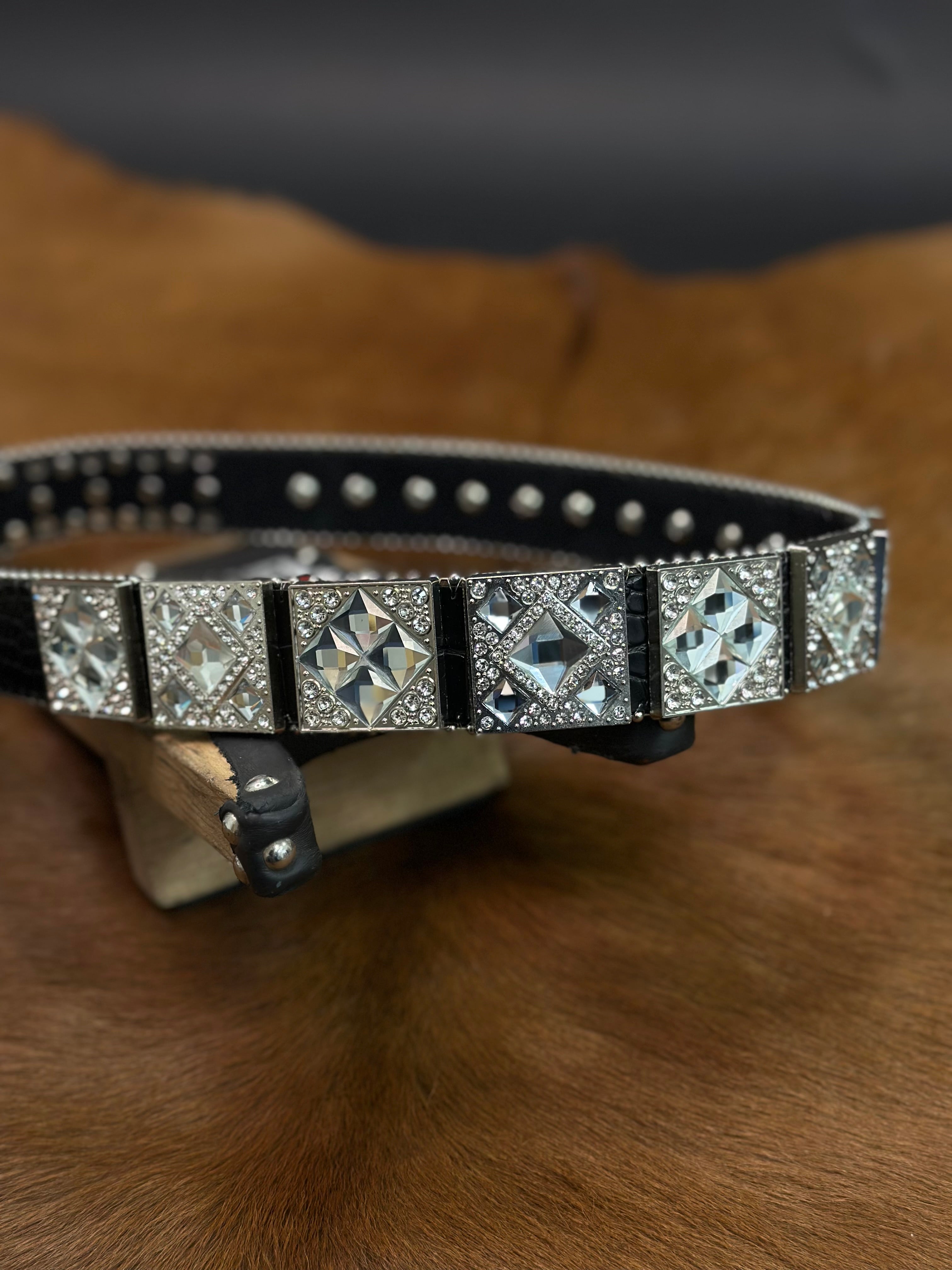 BLACK EXOTIC CLEAR BLING UNISEX BELT SILVER BUCKLE