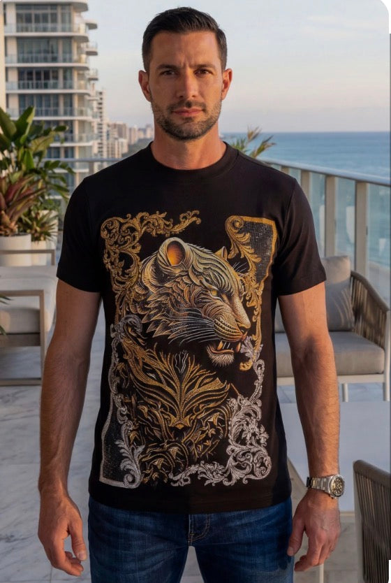 BARABAS MENS BLACK RELAXED FIT PRINTED T-SHIRT WITH EMBELLISHMENT LION 6TR08