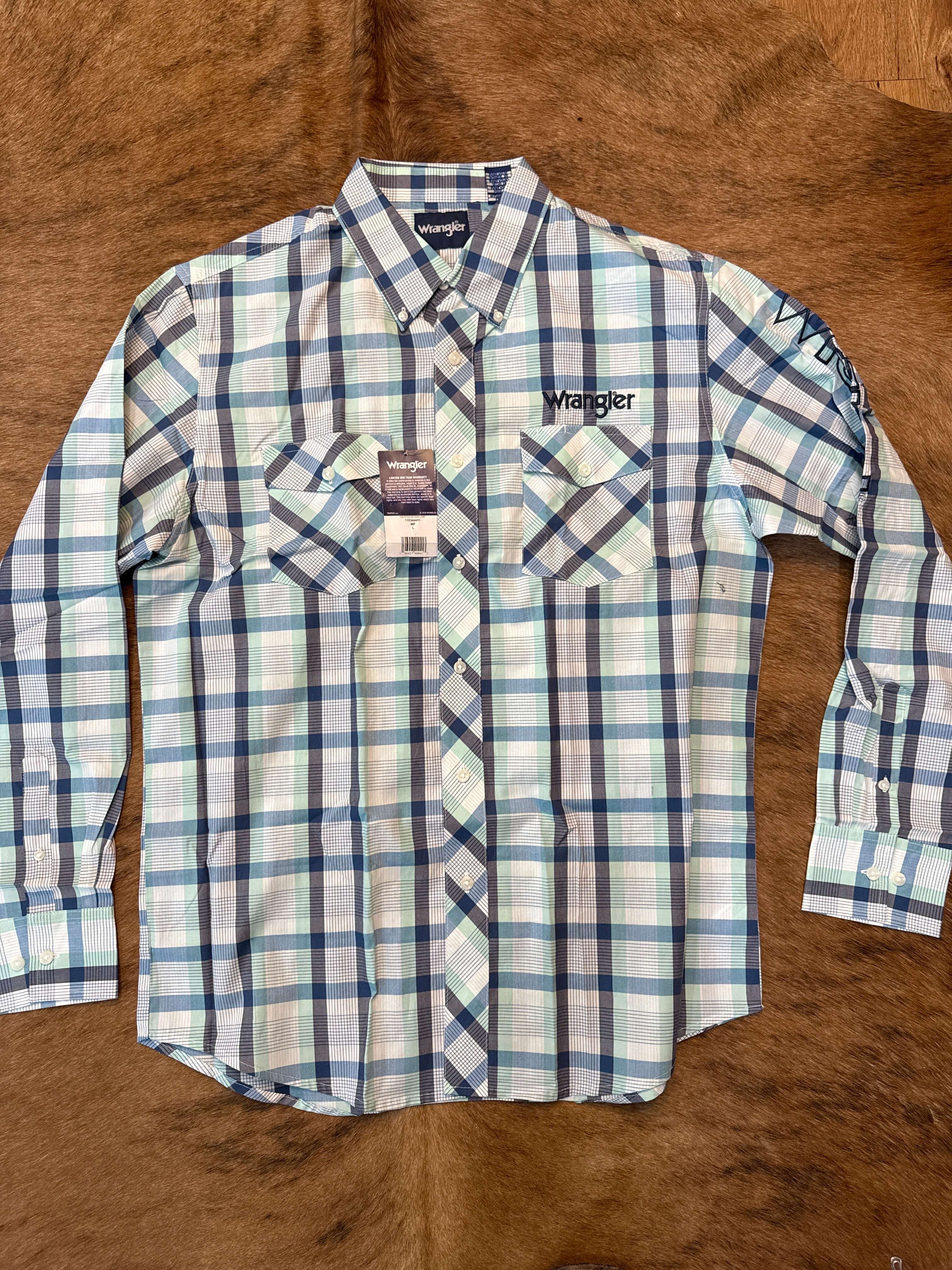 WRANGLER TEAL/BLUE SQUARE LONG SLEEVE SHIRT -112344431 Laherradurawwnc.com