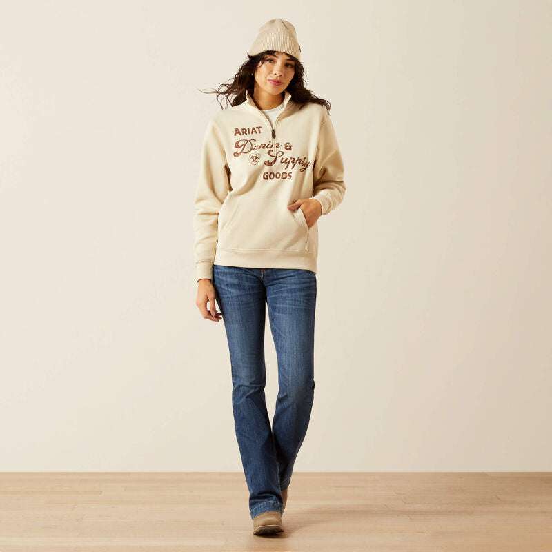 ARIAT WOMENS DENIM & SUPPLY 1/2 ZIP SWTSHRT OYSTER GREY 10062733 Laherradurawwnc.com