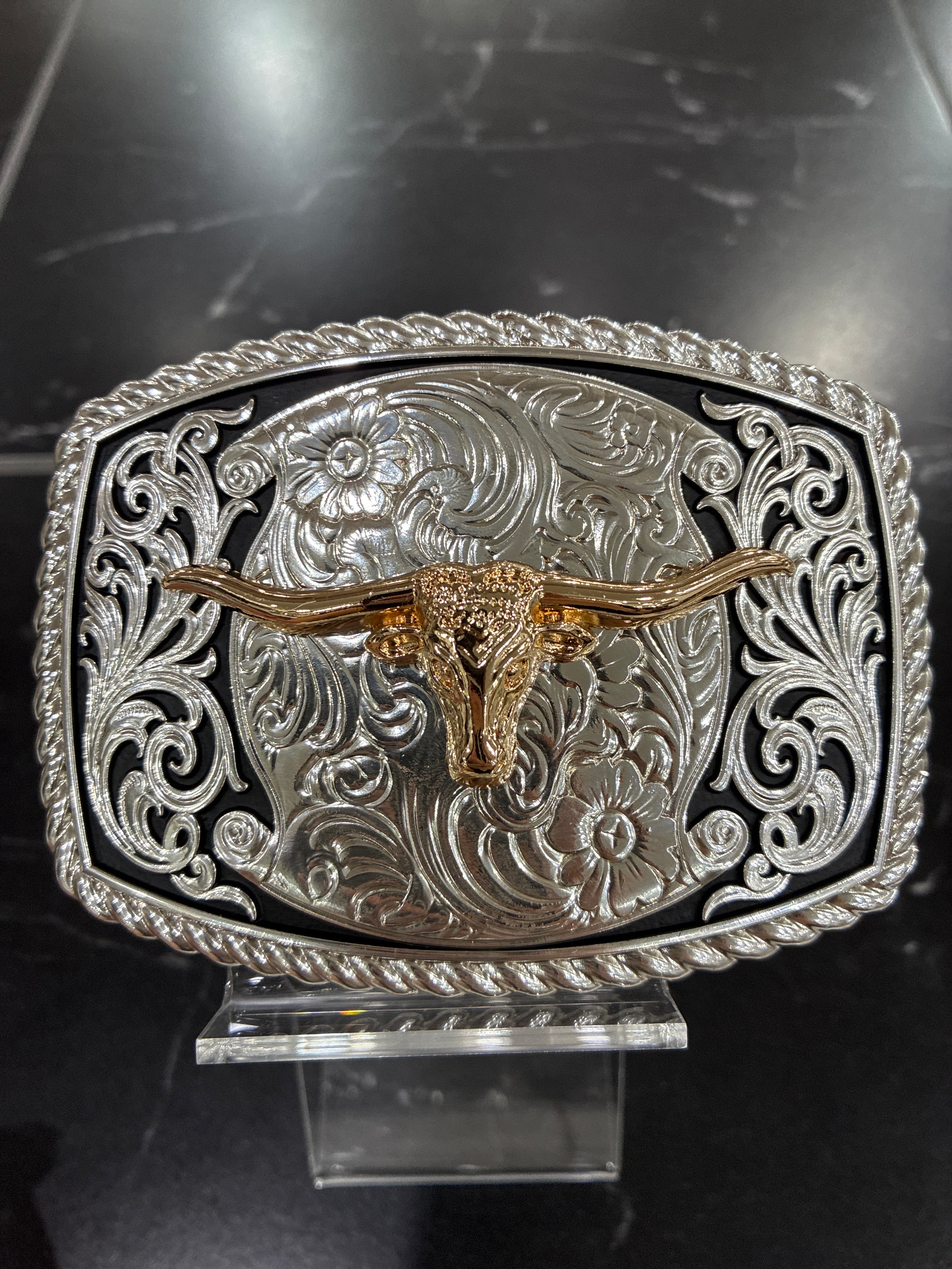 SILVER & BLACK SQUARED BUCKLE W/ GOLD LONGHORN