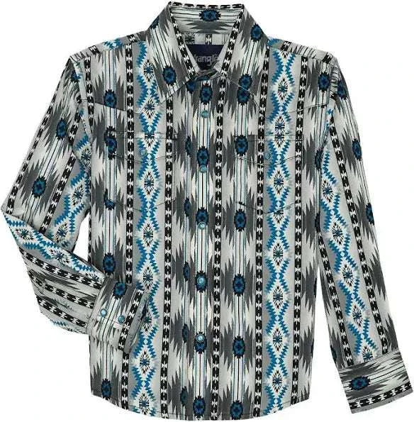 BOY'S WRANGLER LONG SLEEVE SHIRT GREY AND BLUE 112359438 Laherradurawwnc.com