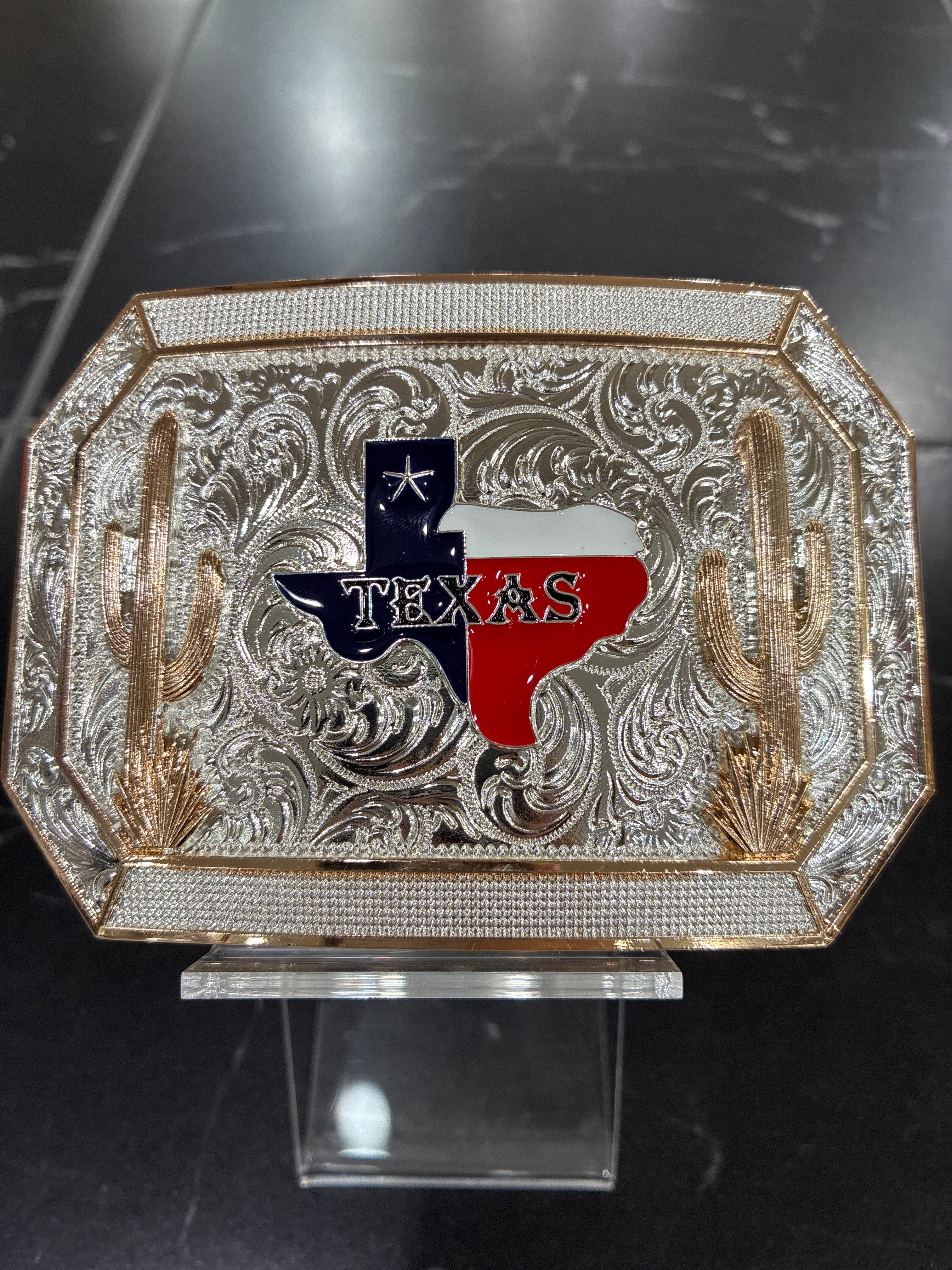 TEXAS FLAG W/ CACTUS RECTANGLE BUCKLE