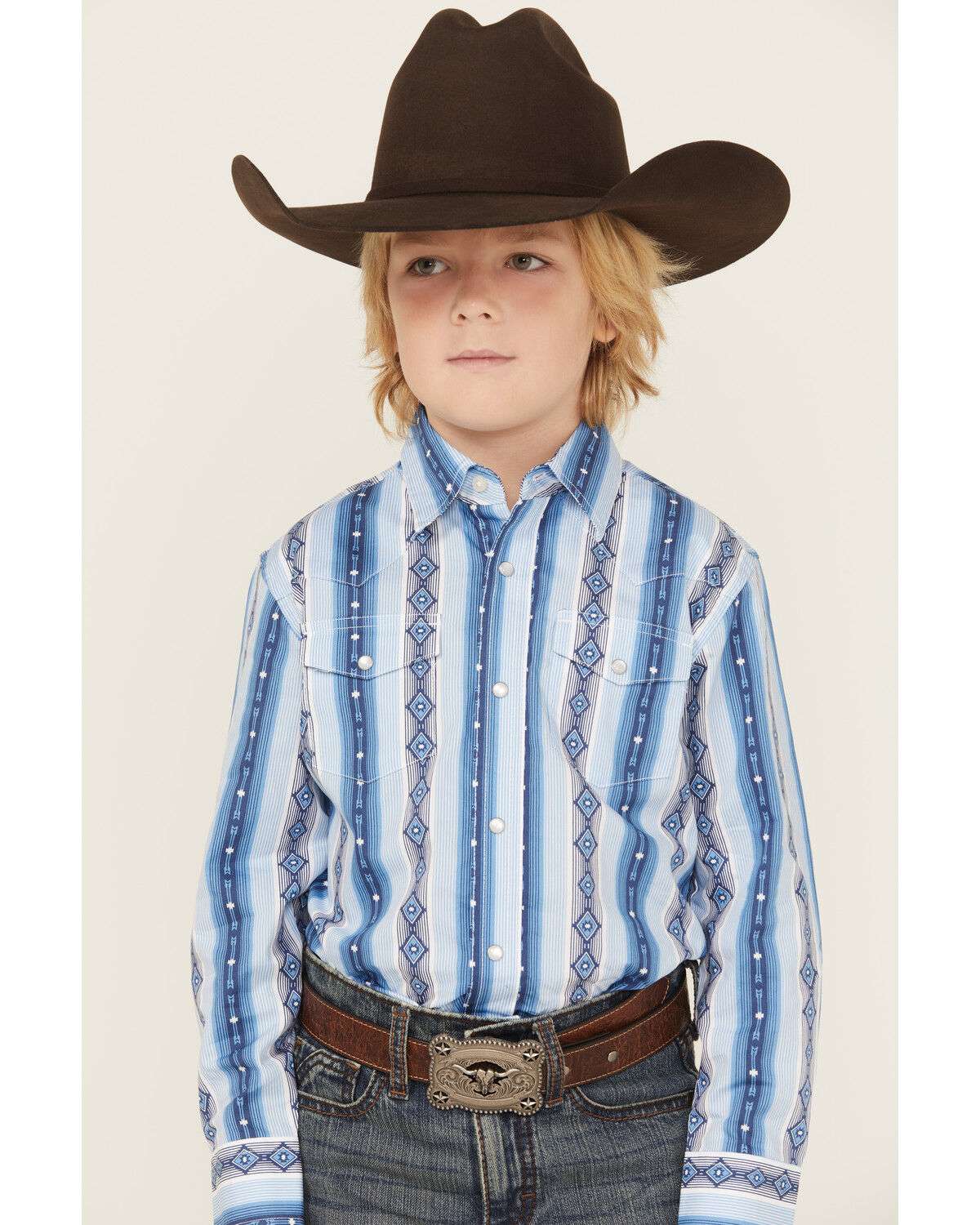 BOY'S WRANGLER LONG SLEEVE SHIRT BLUE 112359432 Laherradurawwnc.com