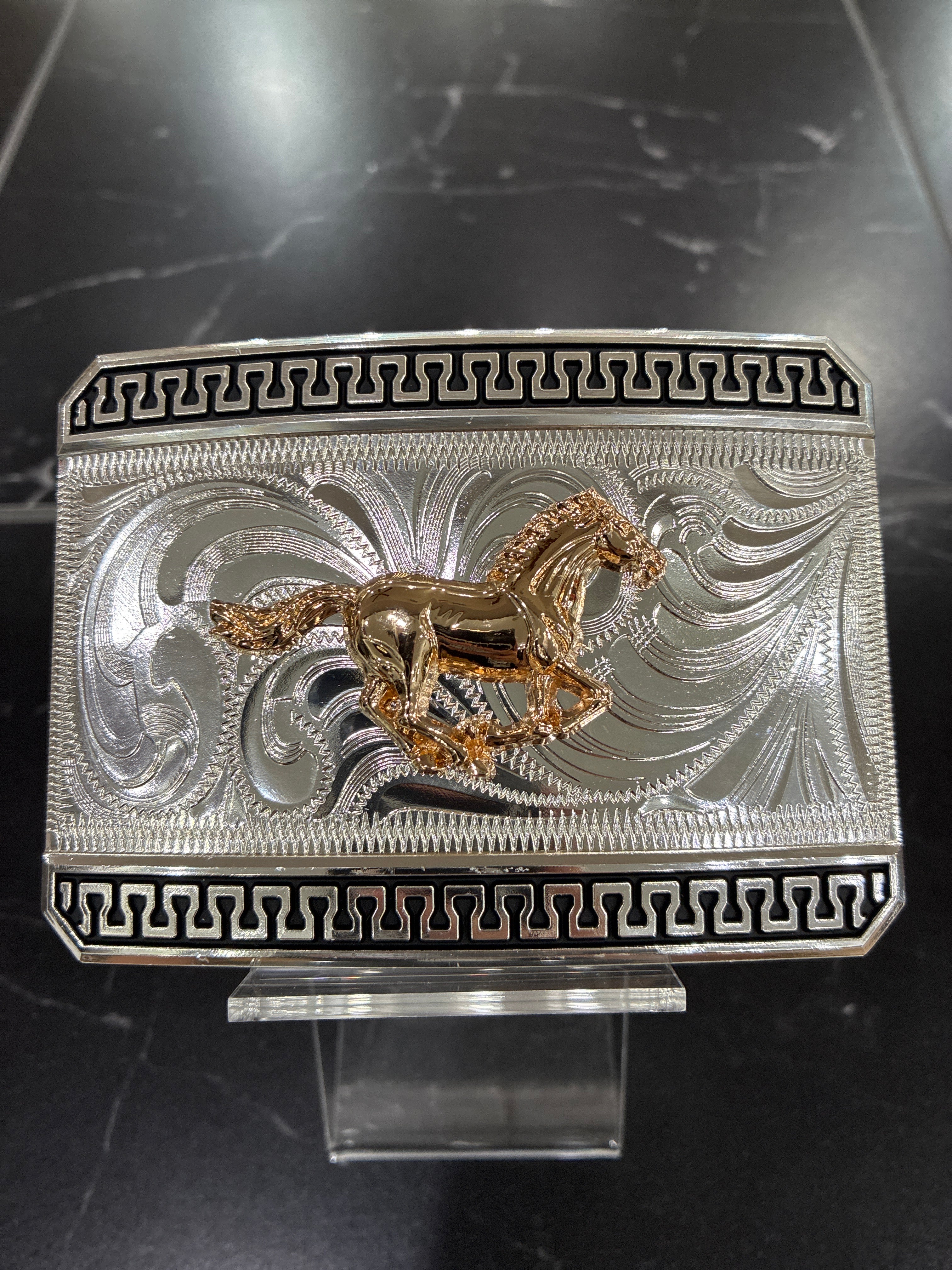 RECTANGLE SILVER BUCKLE WITH GOLD RUNNING HORSE BLACK TRIM