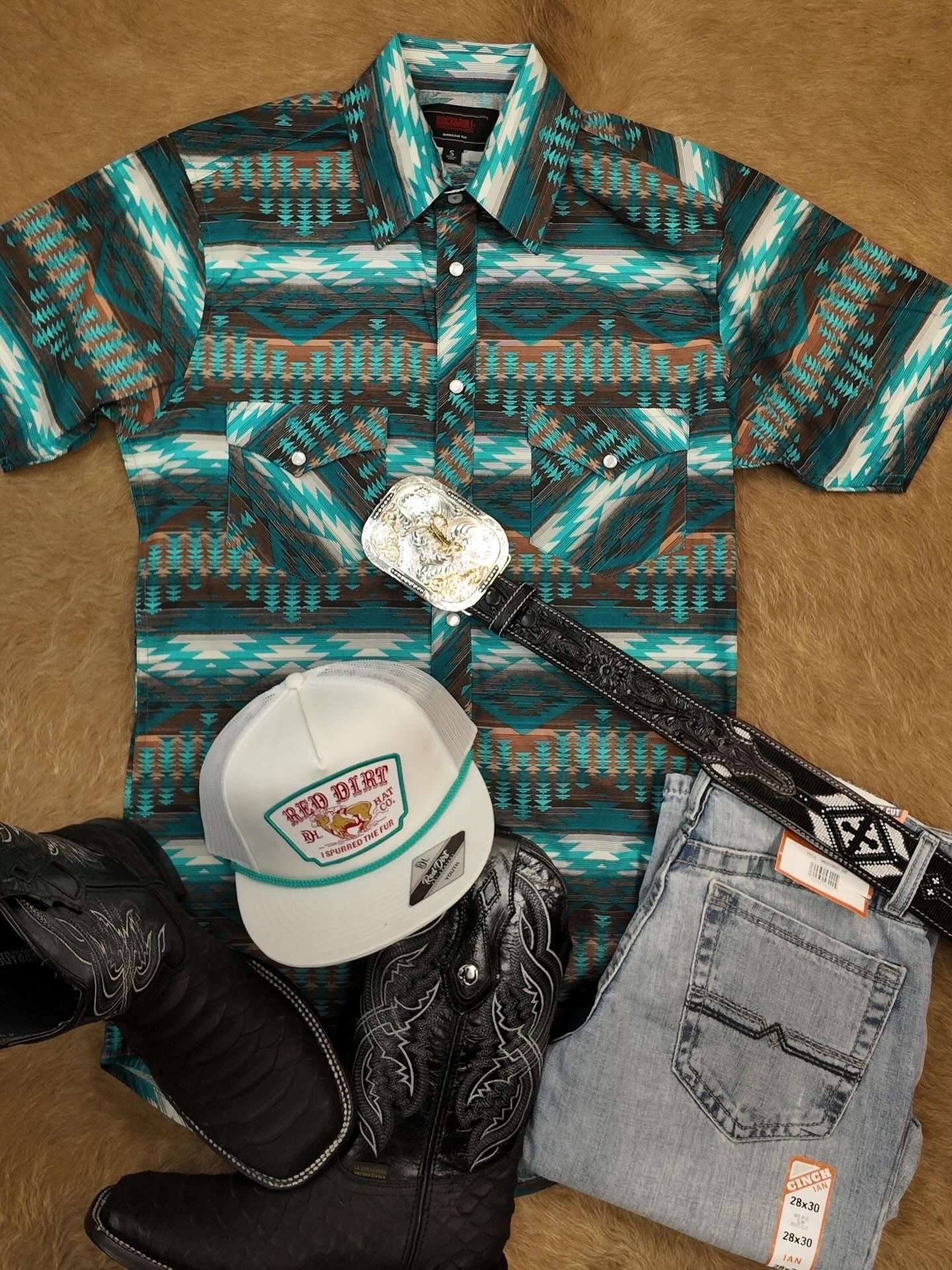 ROCK&ROLL MEN TURQUOISE- RR AZTEC PRINT SS SHIRT SHORT SNAP-BMN3S07152 Laherradurawwnc.com