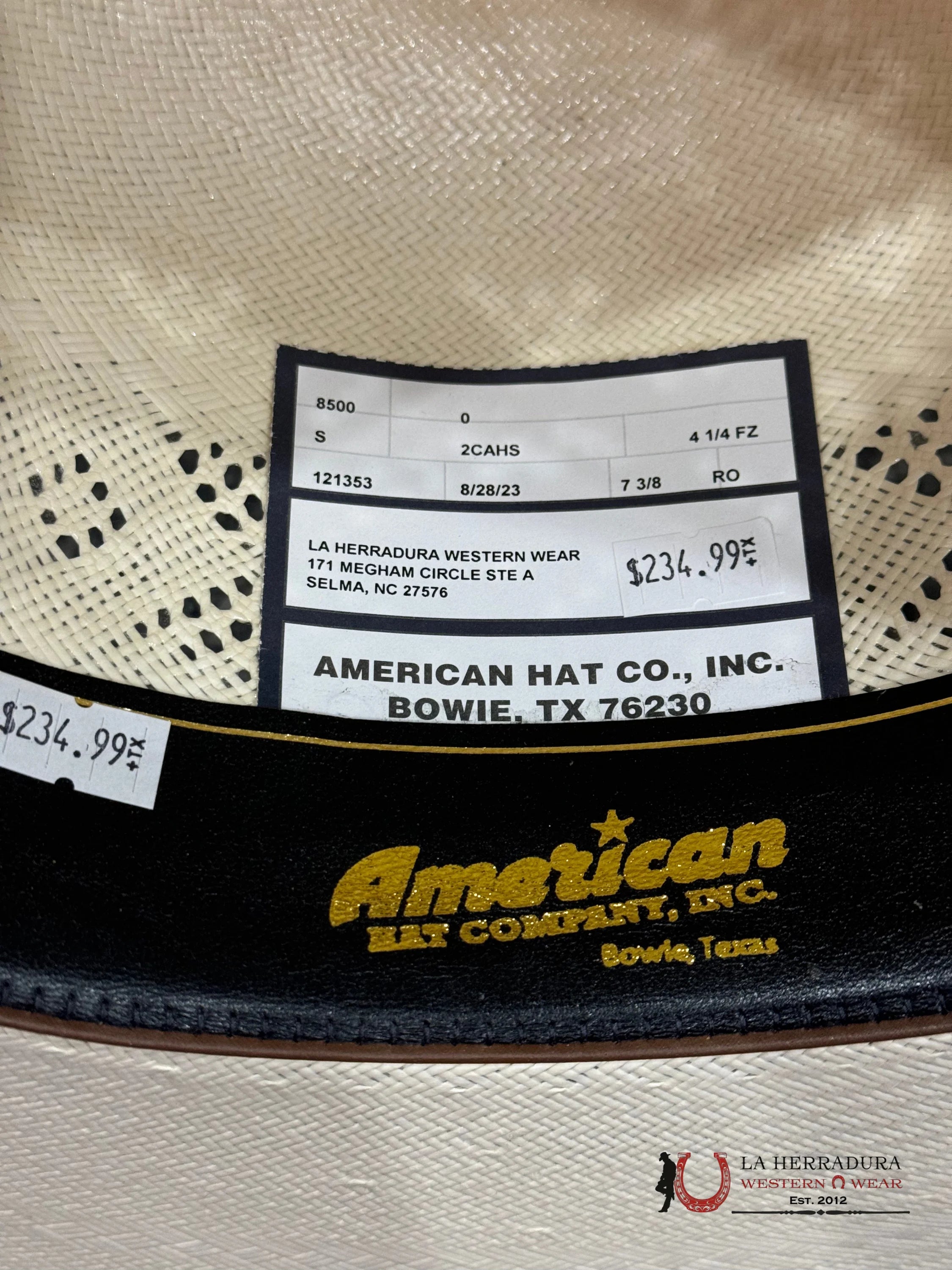 American Hat Open Crown Straw Style 8100 Tejana