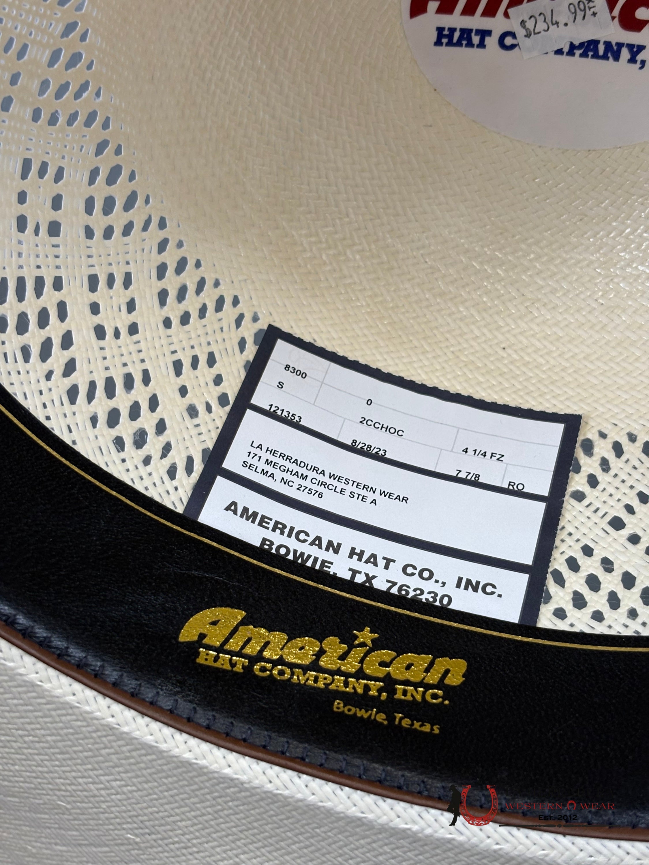 American Hat Open Crown Straw Style 8300 Tejana