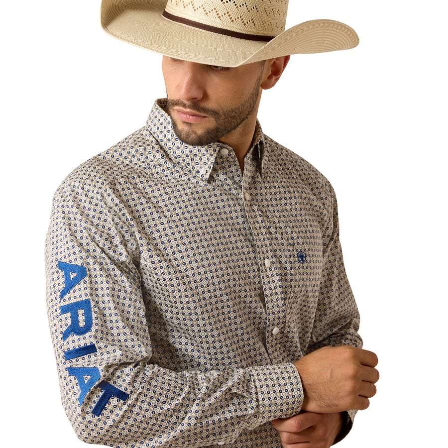 ARIAT MEN TEAM WELLES FTD LS SHRT KHAKI/ DARK BLUE 10071757 Laherradurawwnc.com