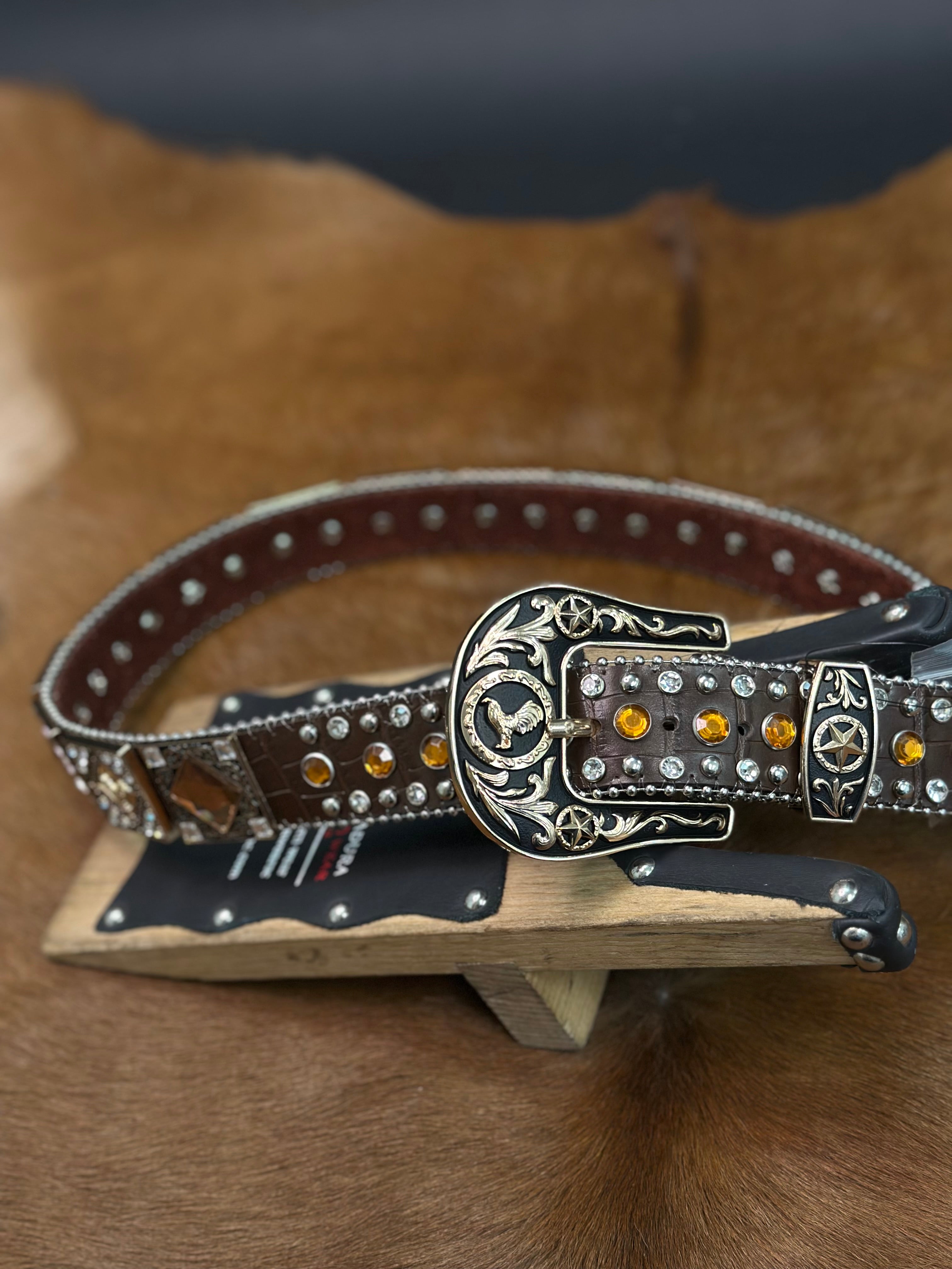 BROWN EXOTIC CLEAR BLING UNISEX BELT ROSE/ BLACK BUCKLE