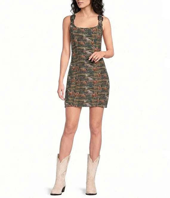 ROCK & ROLL WOMEN'S MOSS GREEN HORSE TAPESTRY DRESS - BWD0R08815 Laherradurawwnc.com
