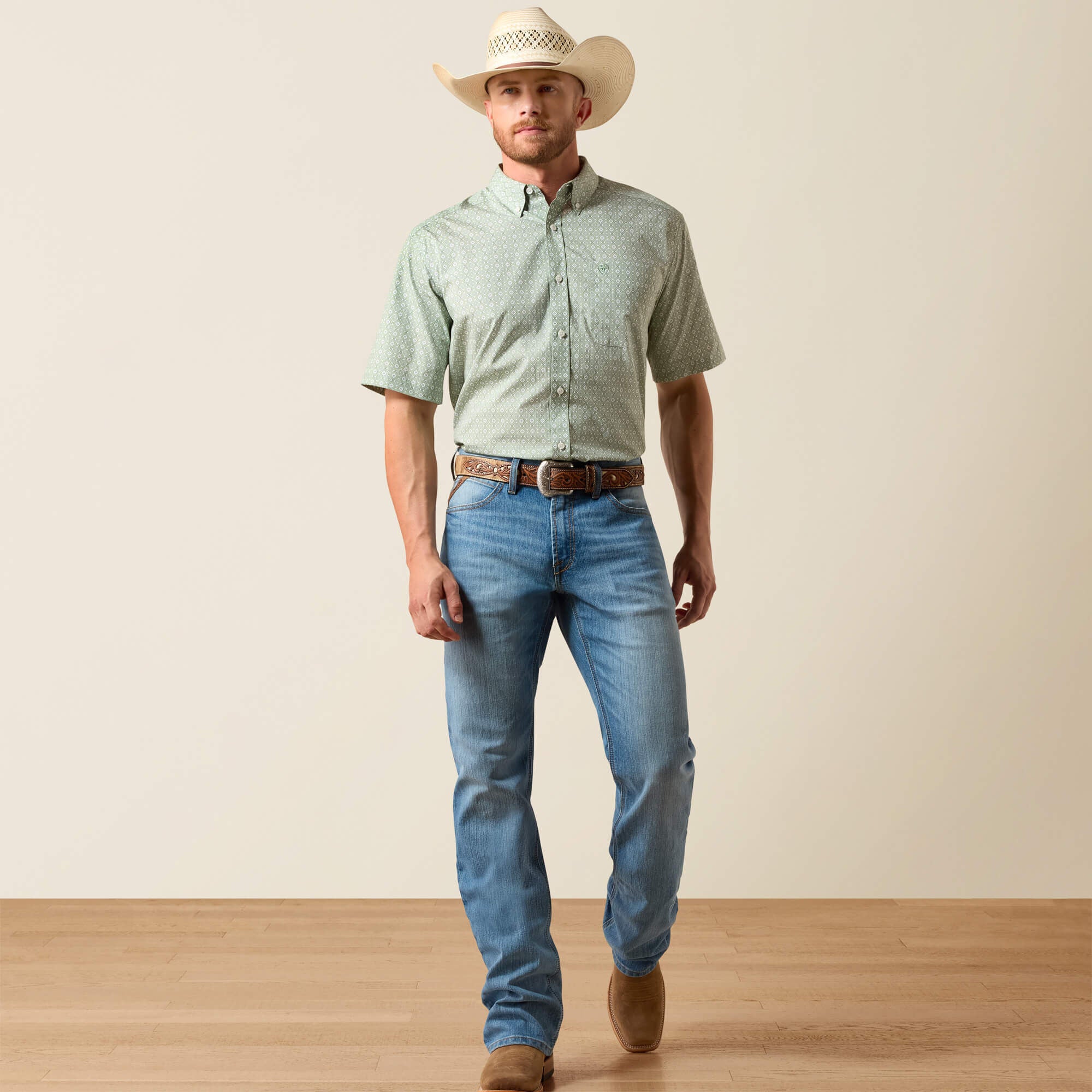 ARIAT MENS WF WORTHINGTON SS SHRT LAUREL GREEN SOUTHWEST PRINT - 10073697