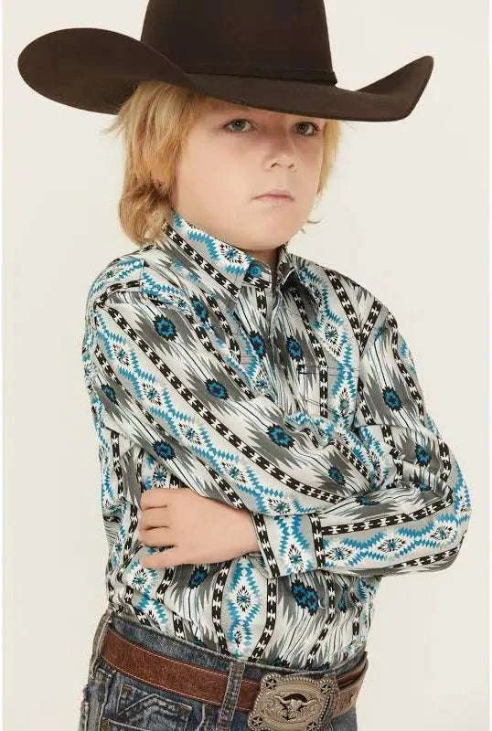 BOY'S WRANGLER LONG SLEEVE SHIRT GREY AND BLUE 112359438 Laherradurawwnc.com