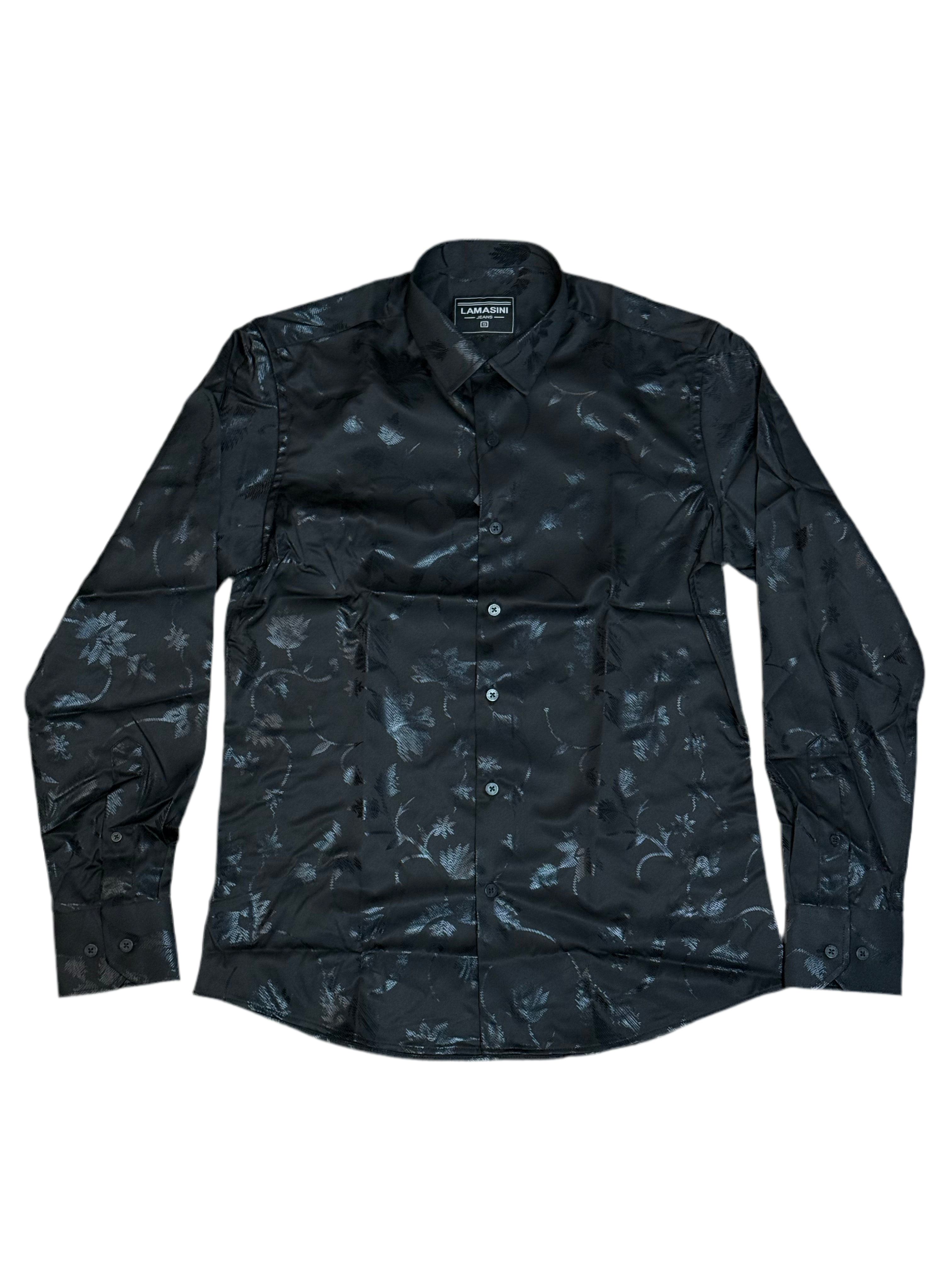 LAMASINI MENS SHIRT MODERN FIT STRETCH FOIL FASHION BLACK SHIRT - LAM4477