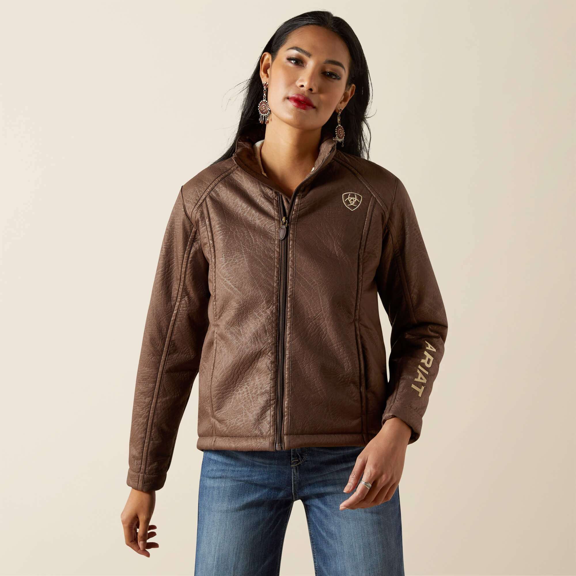 ARIAT WOMENS LOGO SOFTSHELL FAUX LEATHER BROWN FAUX LEATHER JAKET 10062795 Laherradurawwnc.com
