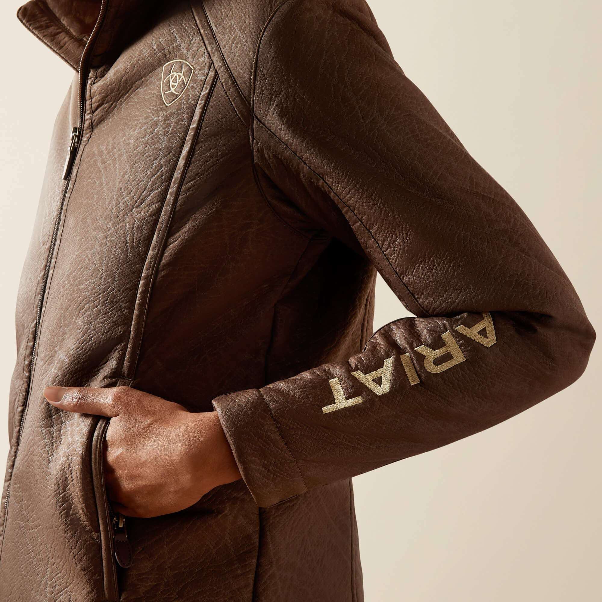ARIAT WOMENS LOGO SOFTSHELL FAUX LEATHER BROWN FAUX LEATHER JAKET 10062795 Laherradurawwnc.com