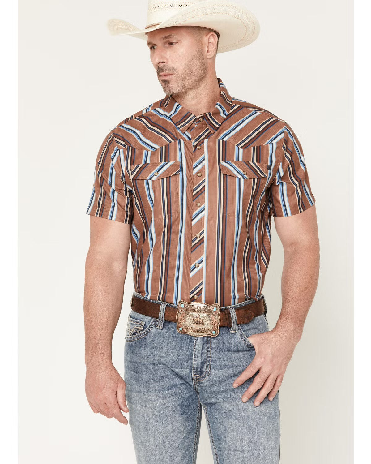 CAMISA DE MANGA CORTA ROCK&ROLL PARA HOMBRE CON ESTAMPADO DE RAYAS CAMEL TEK Y BROCHES - BMN3S09459