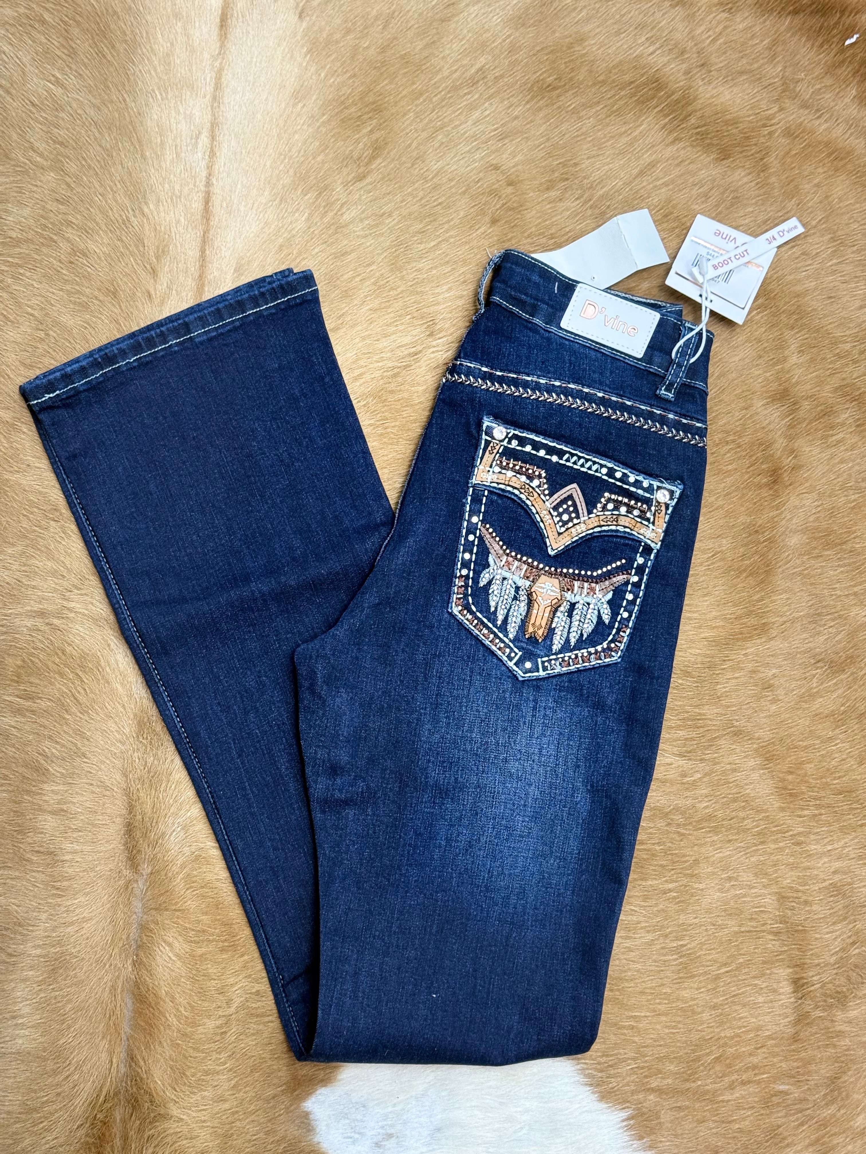 D’VINE INDIGO DARK BLUE BOOT CUT JEAN LONG HORS FATHERS BROWN & ORANGE EMBROIDERY AD-590 Laherradurawwnc.com