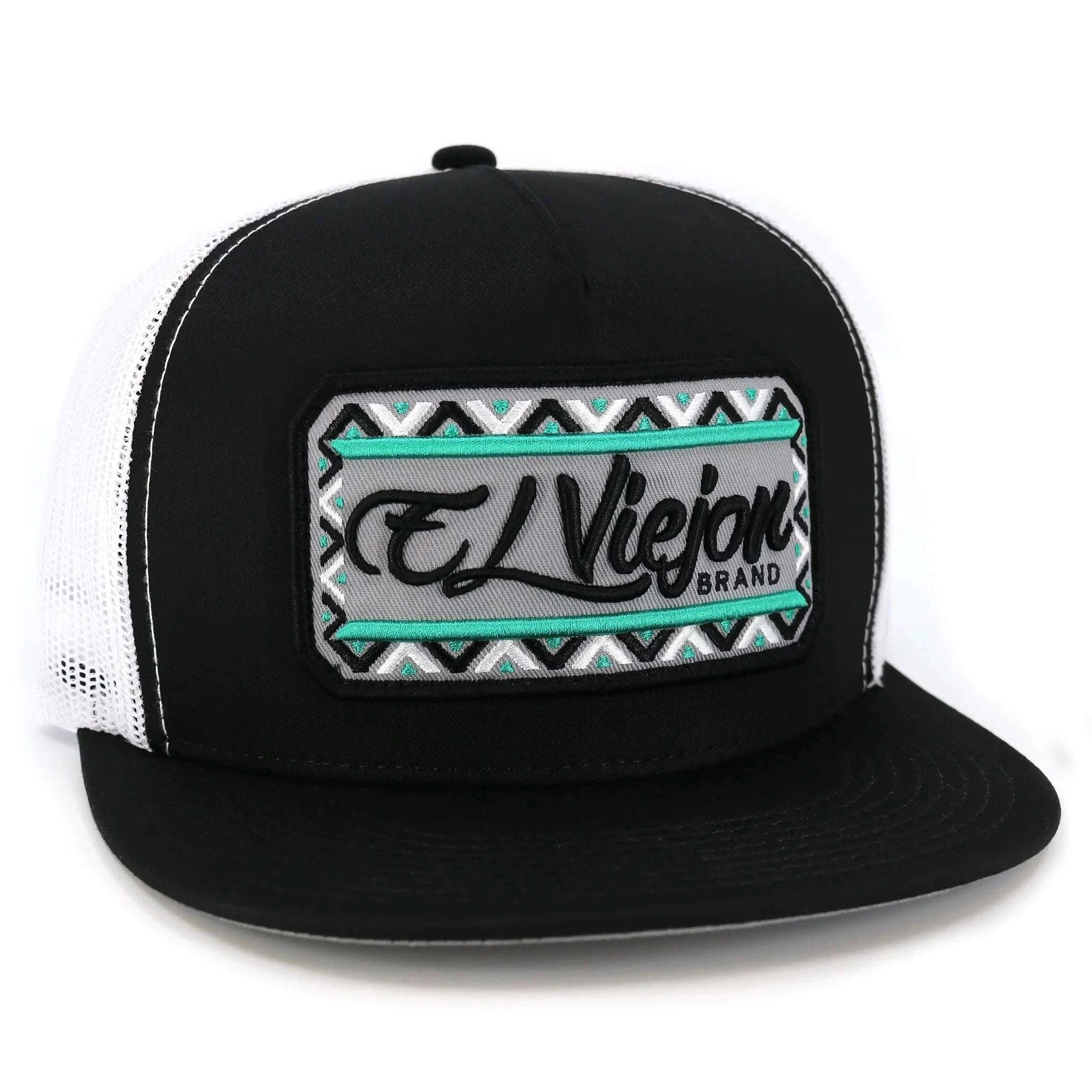 Black and white trucker hat with a brand logo