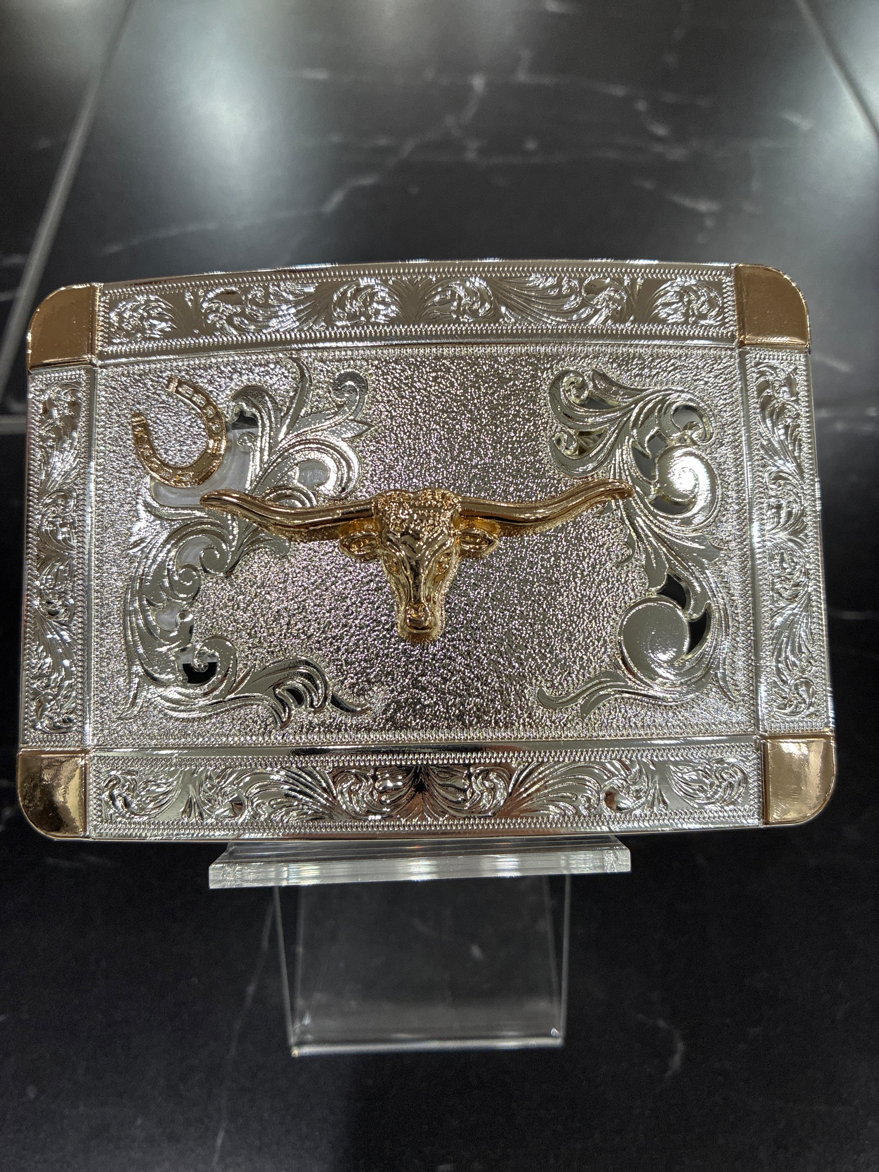 SILVER RECTANGLE BUCKLE W/ GOLD LONGHORN & HORSE SHOE