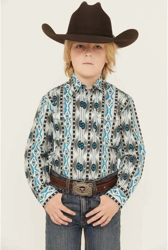 BOY'S WRANGLER LONG SLEEVE SHIRT GREY AND BLUE 112359438 Laherradurawwnc.com