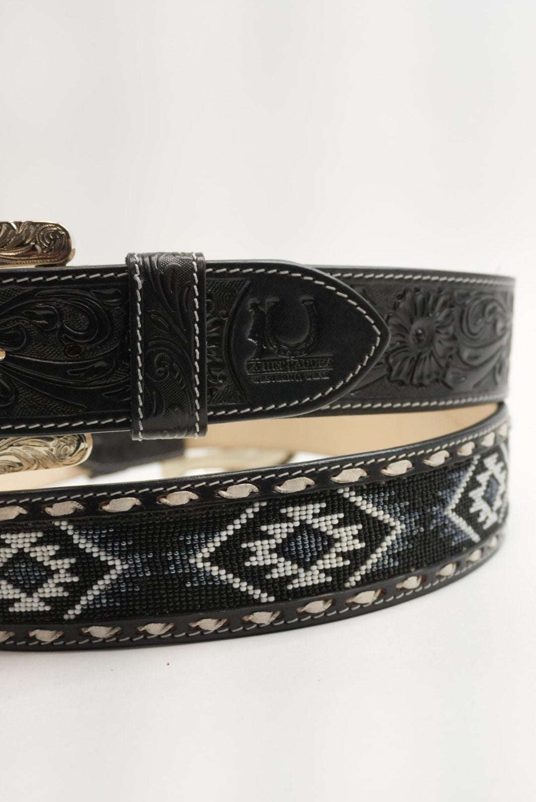 LA HERRADURA BELT 2 INCH BLACK/NAVY BLUE WITH WHITE NEW DESIGN Laherradurawwnc.com