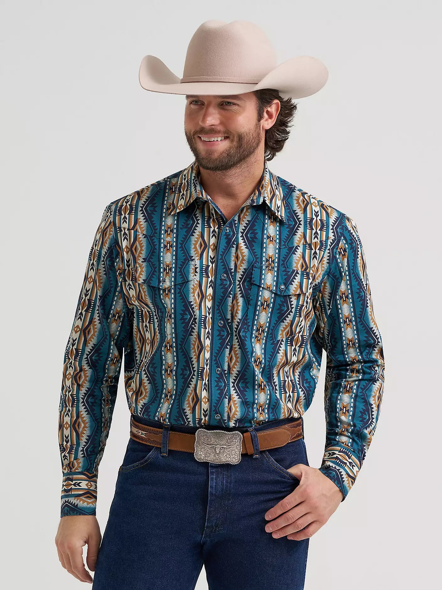 MEN'S LONG SLEEVE WRANGLER SHIRT BLUE AZTEC STYLE 112384297