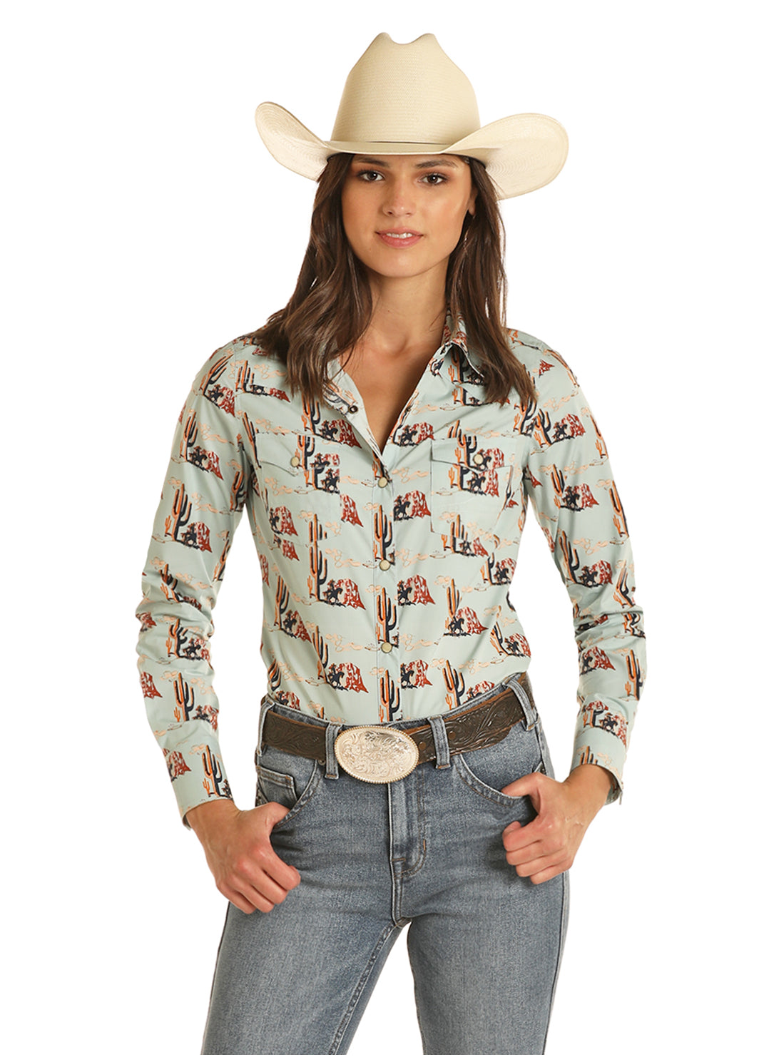 ROCK&ROLL WOMEN AQUAMARINE JUNIORS LS SNAP B4S3325