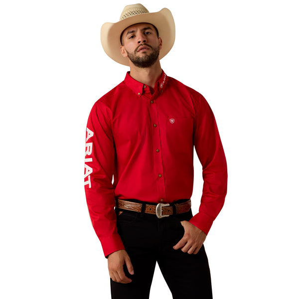 ARIAT MENS TEAM LOGO LIGHTWEIGHT TWILL FTD LS SHRT TANGO RED/WHITE 10073663