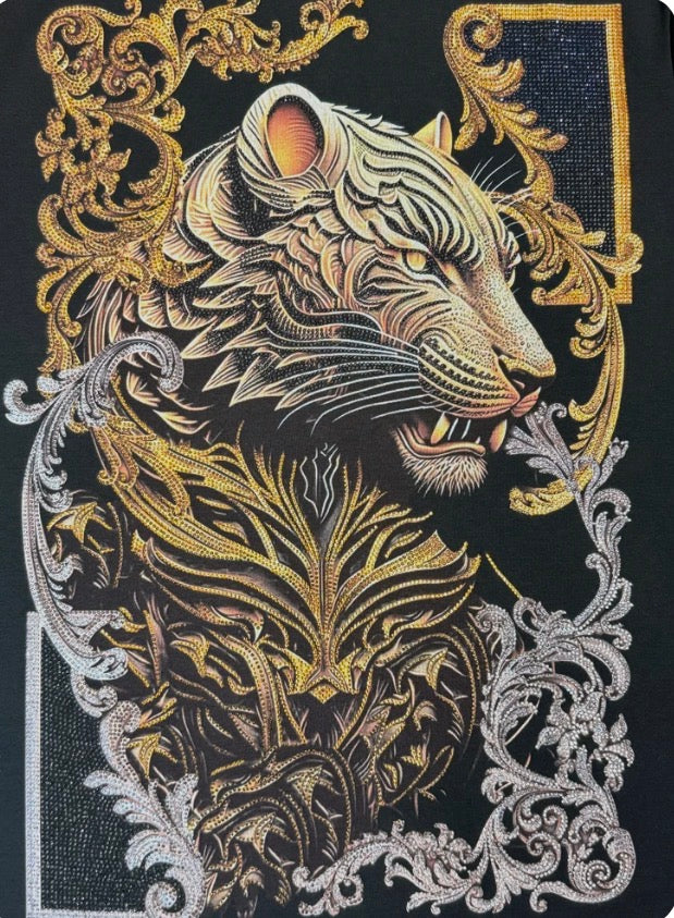 BARABAS MENS BLACK RELAXED FIT PRINTED T-SHIRT WITH EMBELLISHMENT LION 6TR08