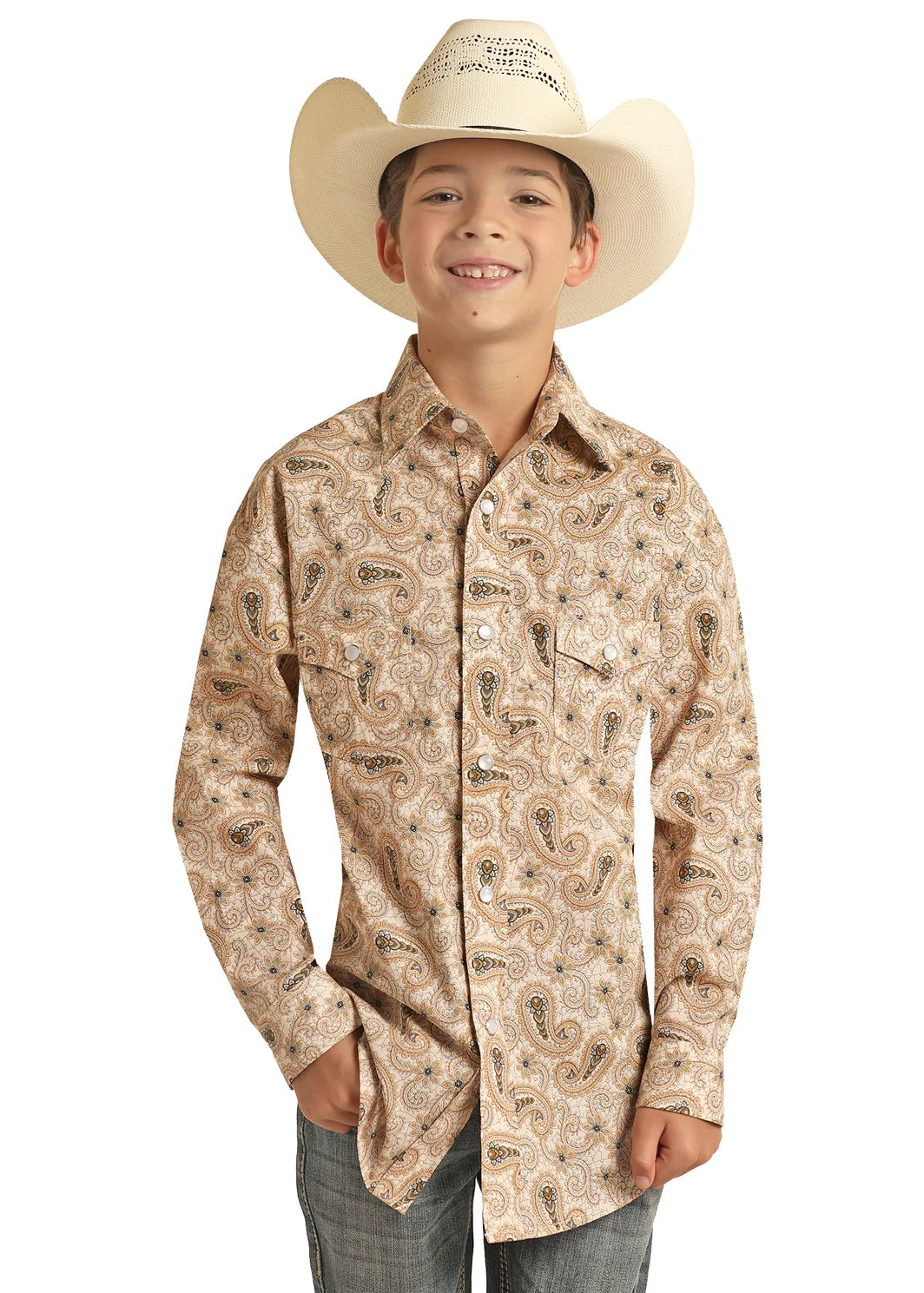 ROCK&ROLL KIDS -BOYS BROWN LS PAISLEY VINTAGE SNAP RRBSOSR0QA