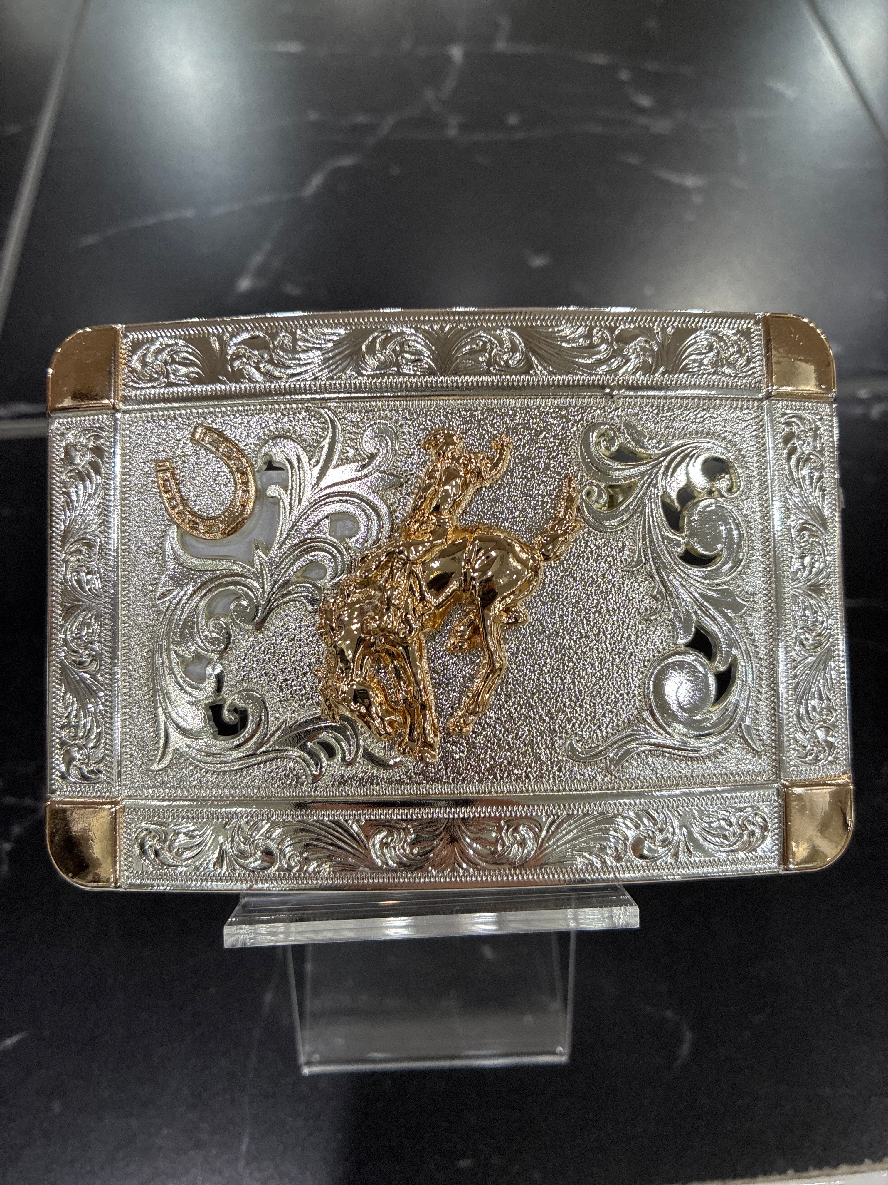 SILVER RECTANGLE BUCKLE W/ GOLD BULL RIDER & HORSE SHOE