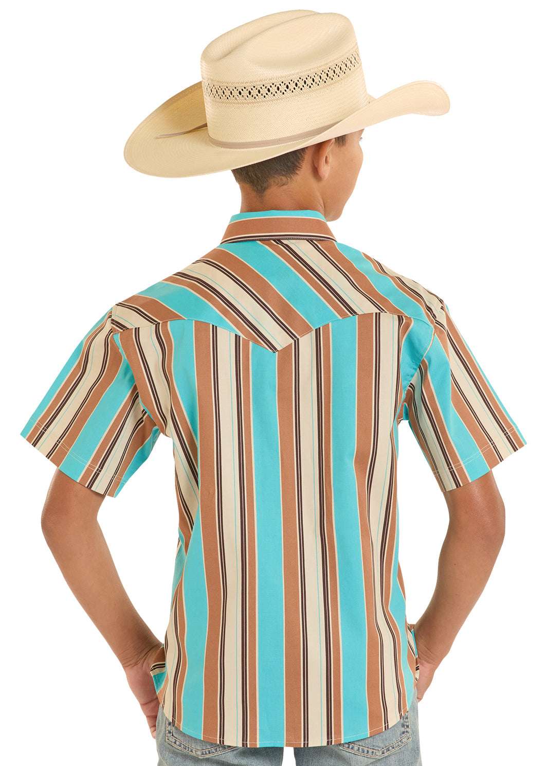 ROCK&ROLL BOYS SHIRT SHORT TEAL/BROWN STRIPE SHORT SLEEVE BUTTON UP- BBN3S08652 Laherradurawwnc.com